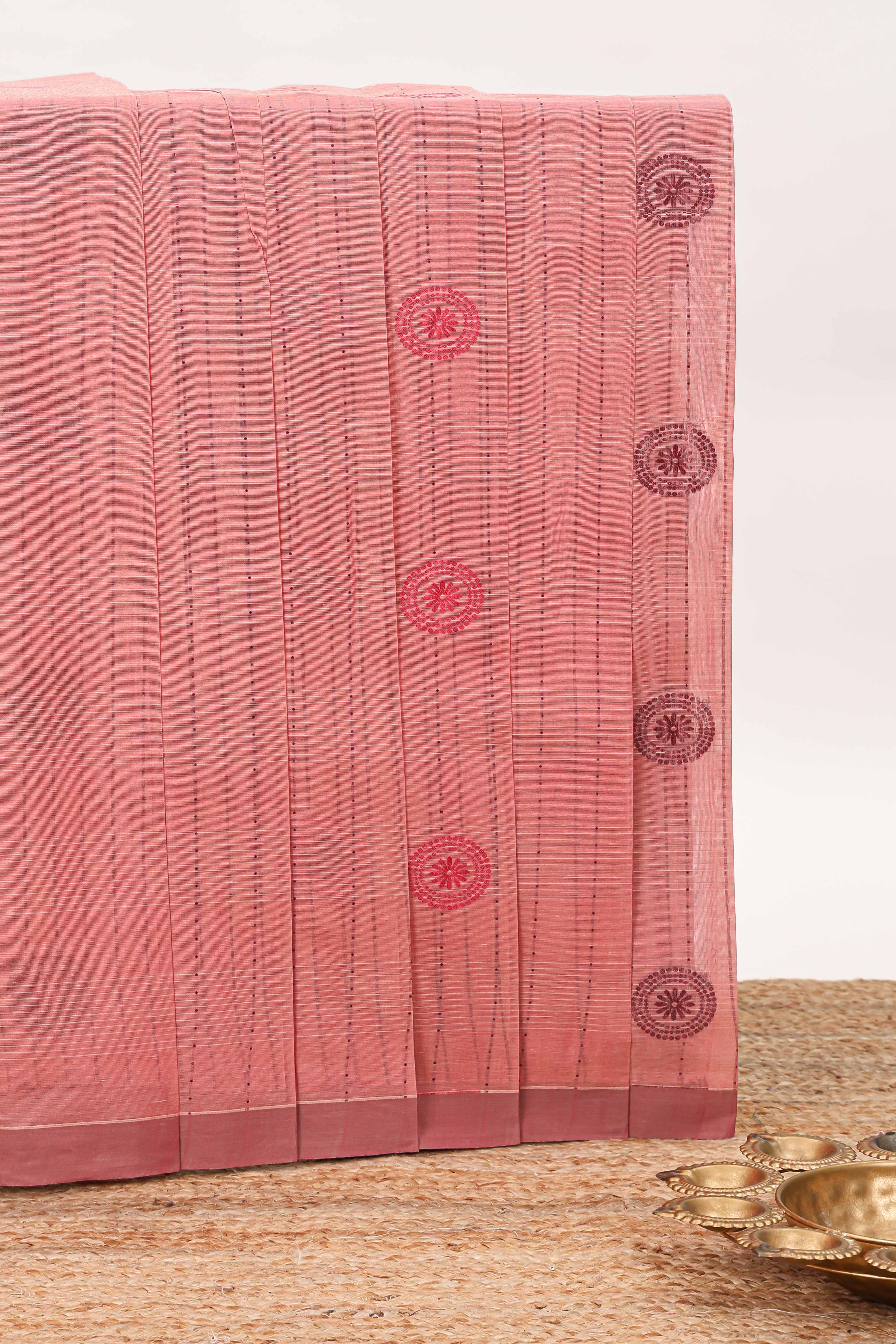 Onion pink floral motifs kovai cotton saree with self border and matching pallu