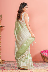 Pastel green raw silk elegant saree