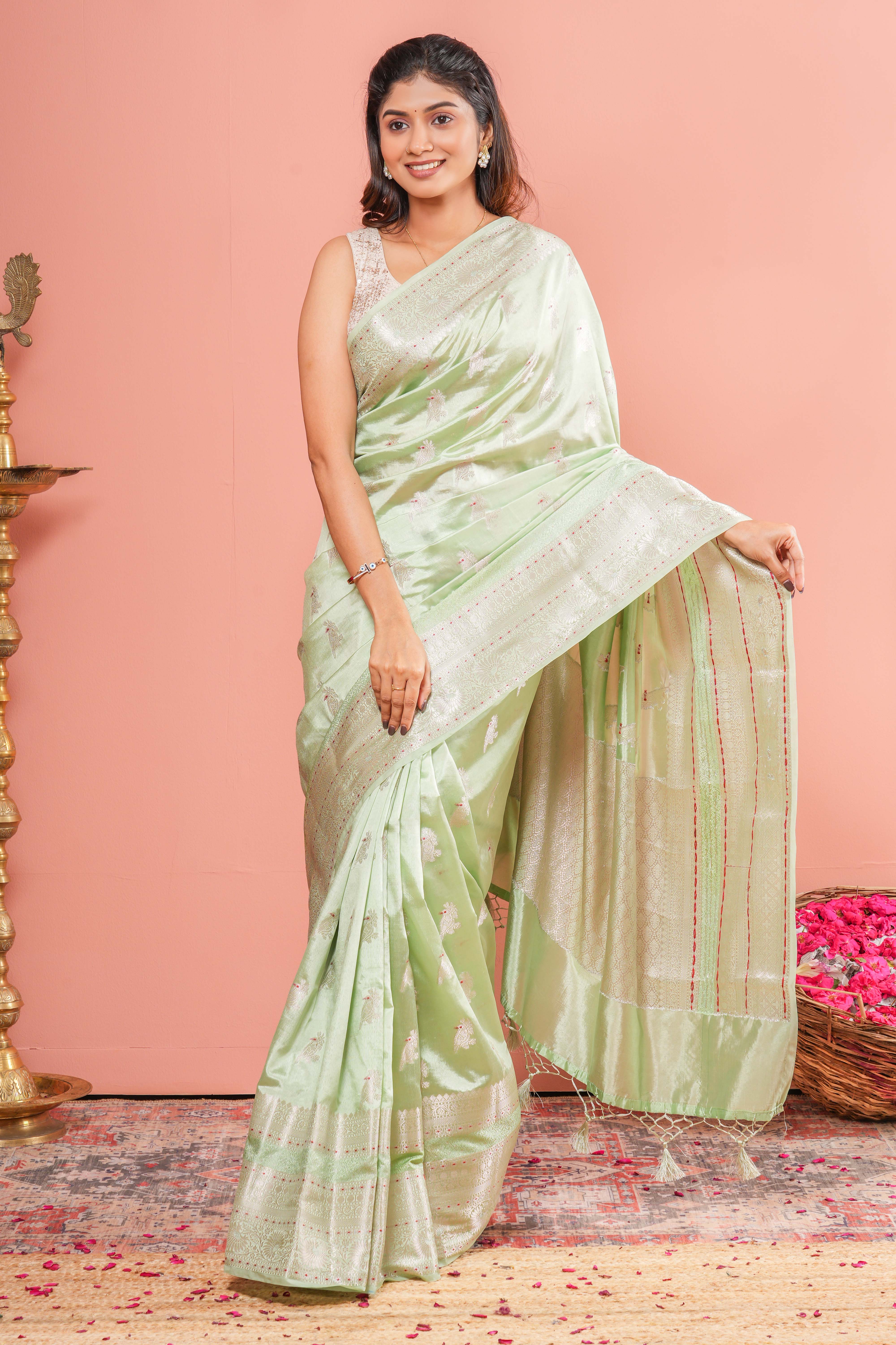 Pastel green raw silk festive saree