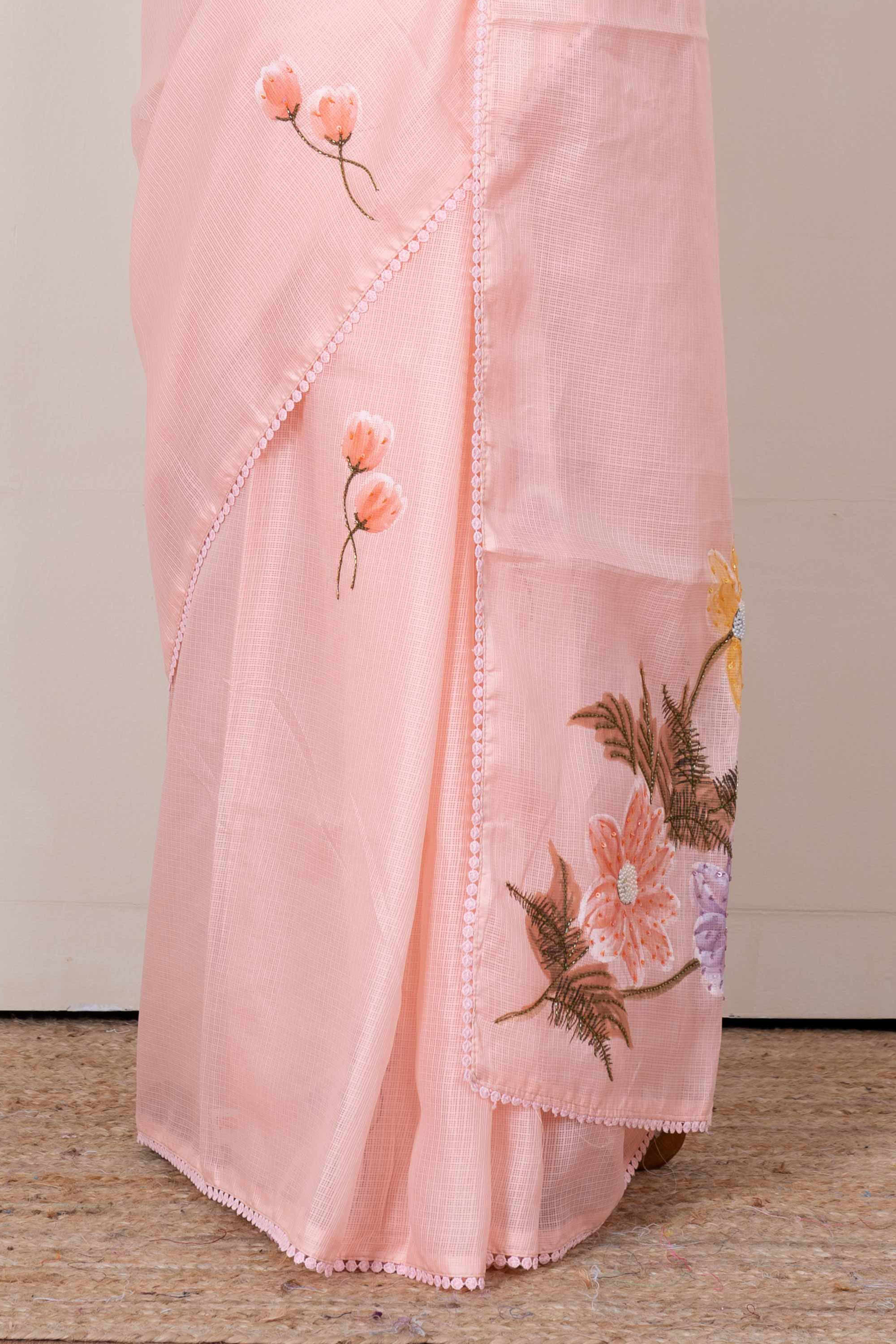Peach casual Kota cotton saree with doria print border and pallu