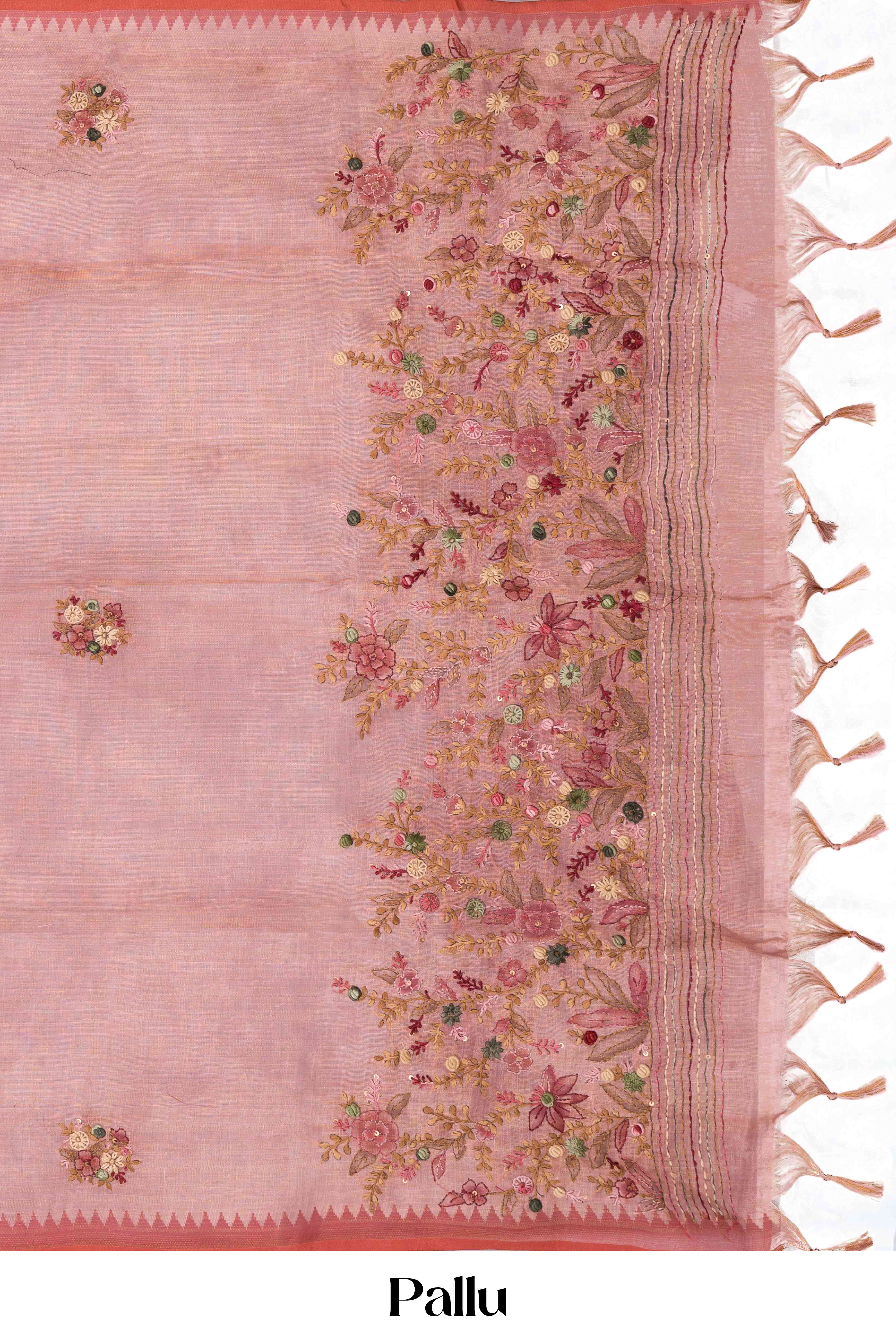 Peach embroidered linen saree