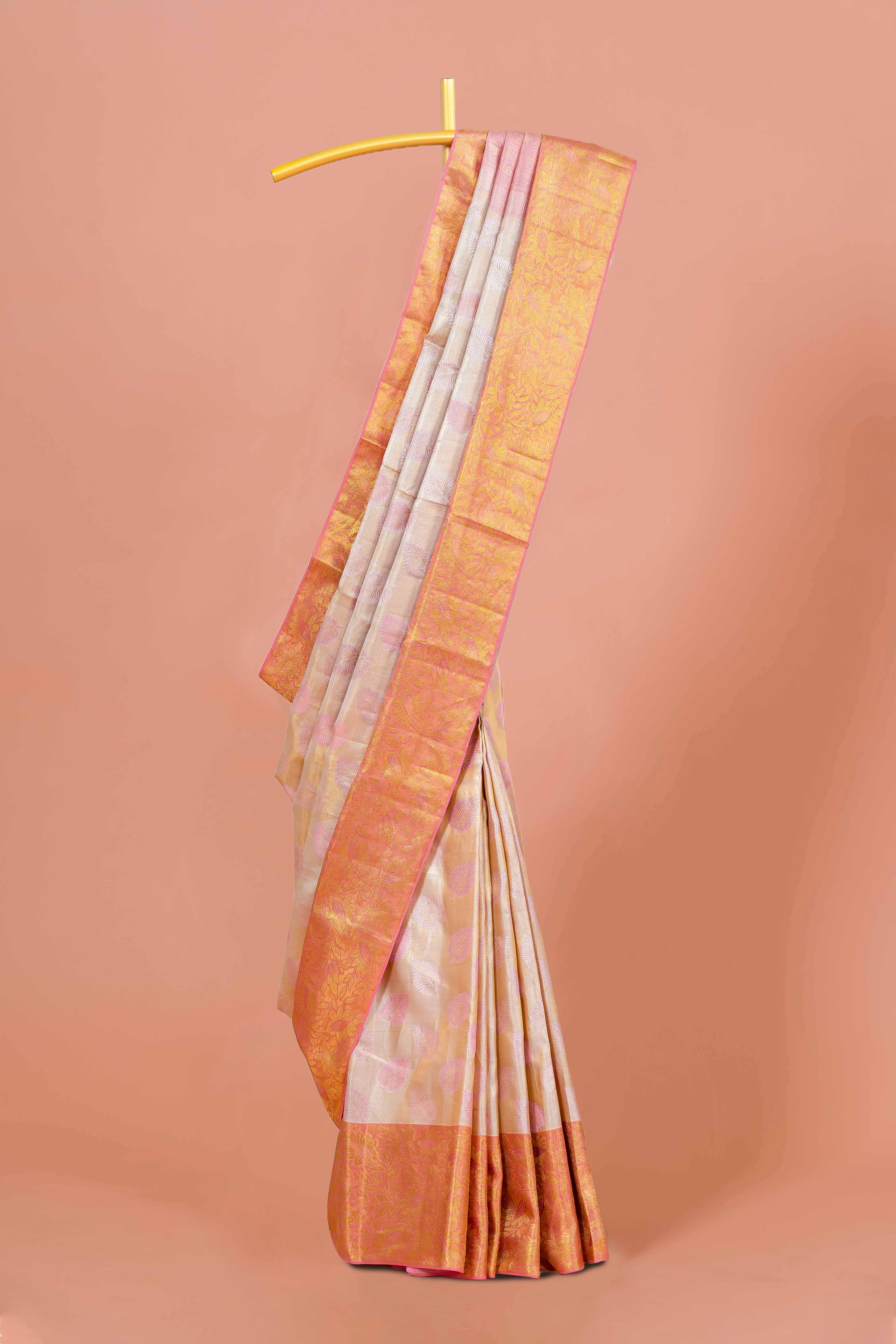 Peach ivory pattu silk saree