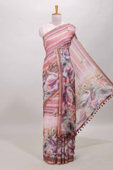 Peach swan lotus pond print linen cotton saree