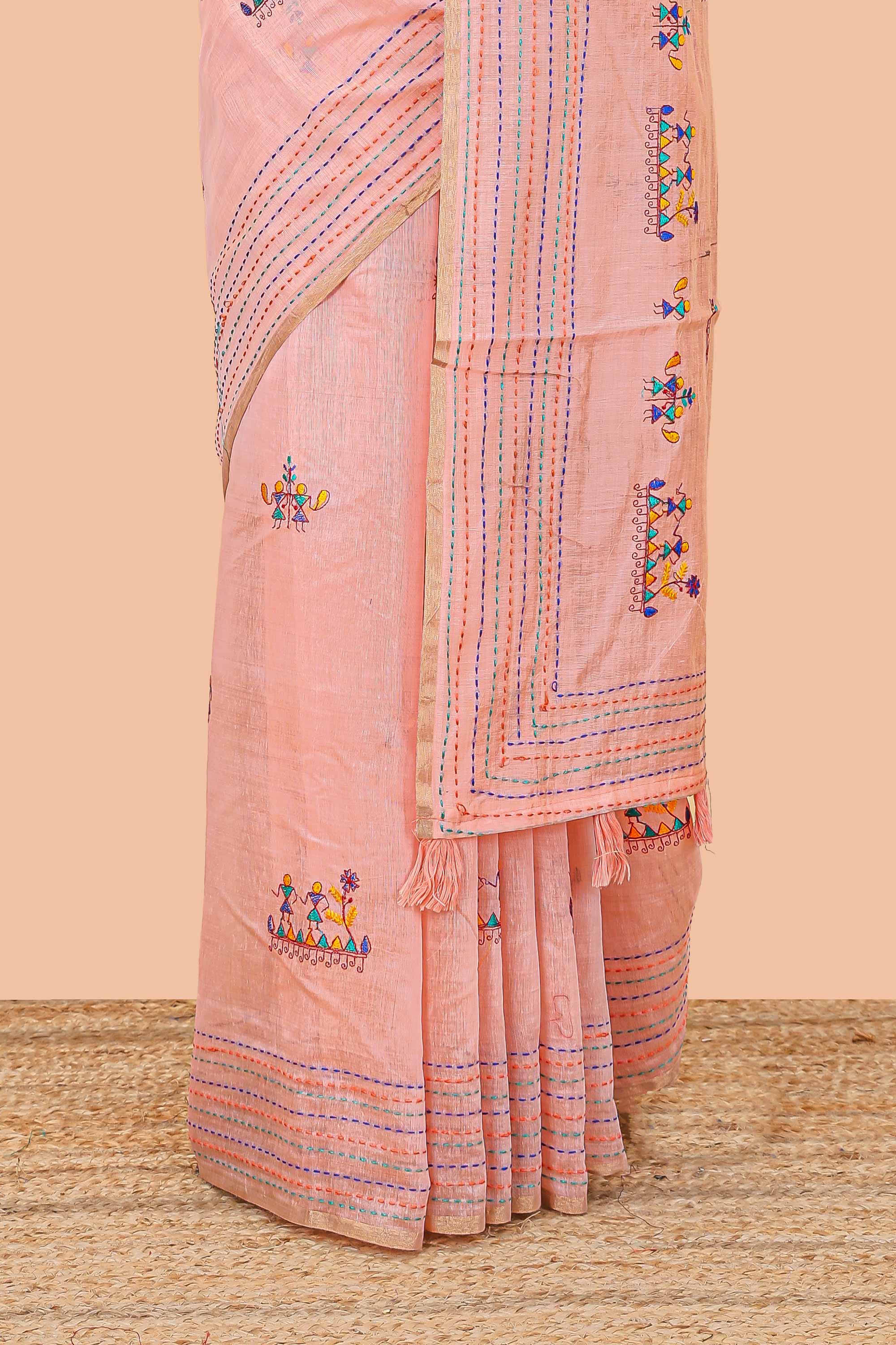 Peach traditional chanderi saree hand stitched embroidery