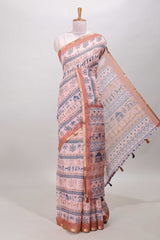 Peach warli print linen cotton saree