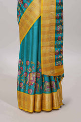 Peacock blue Artistic pallu print feature