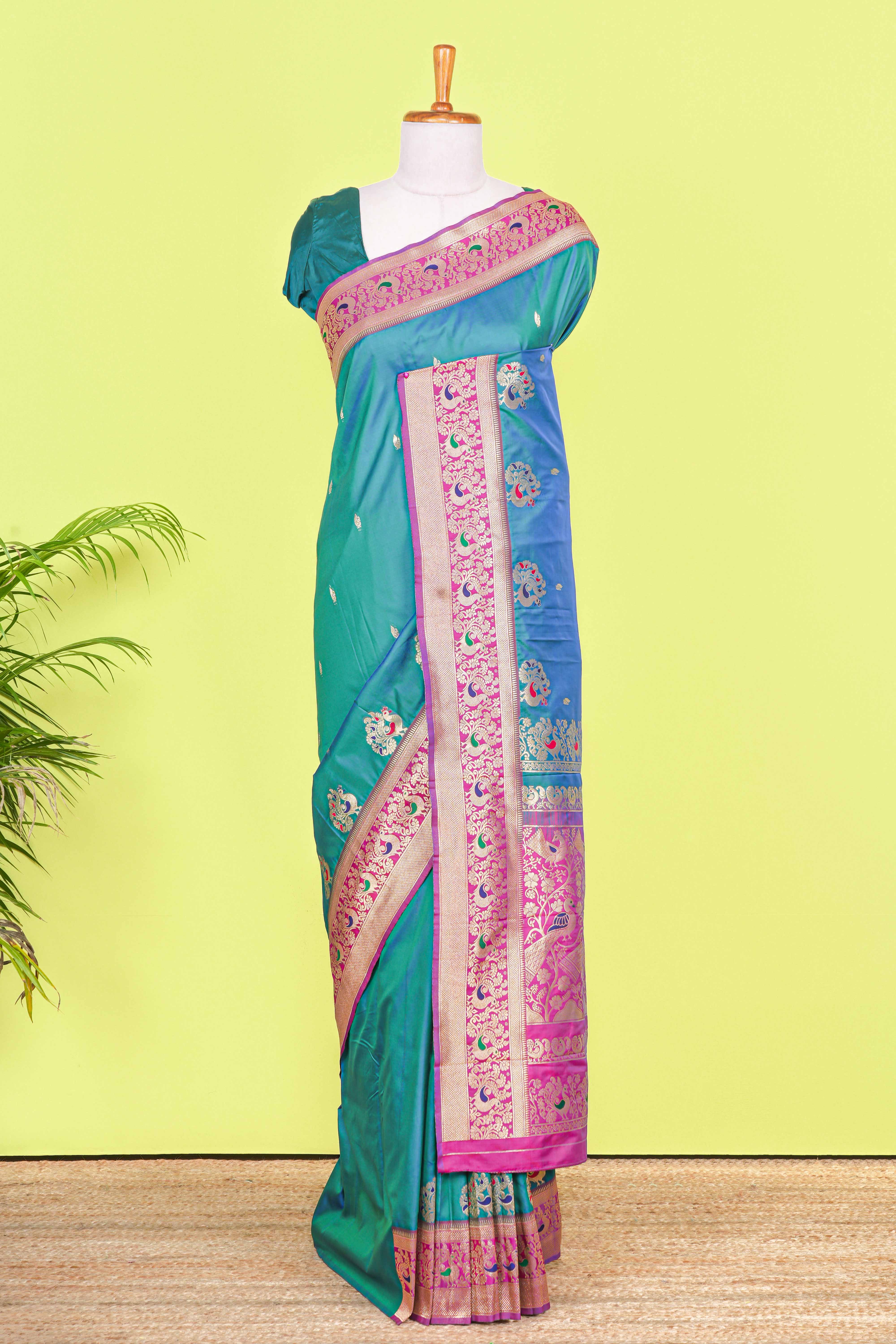 Peacock green art silk floral pallu saree