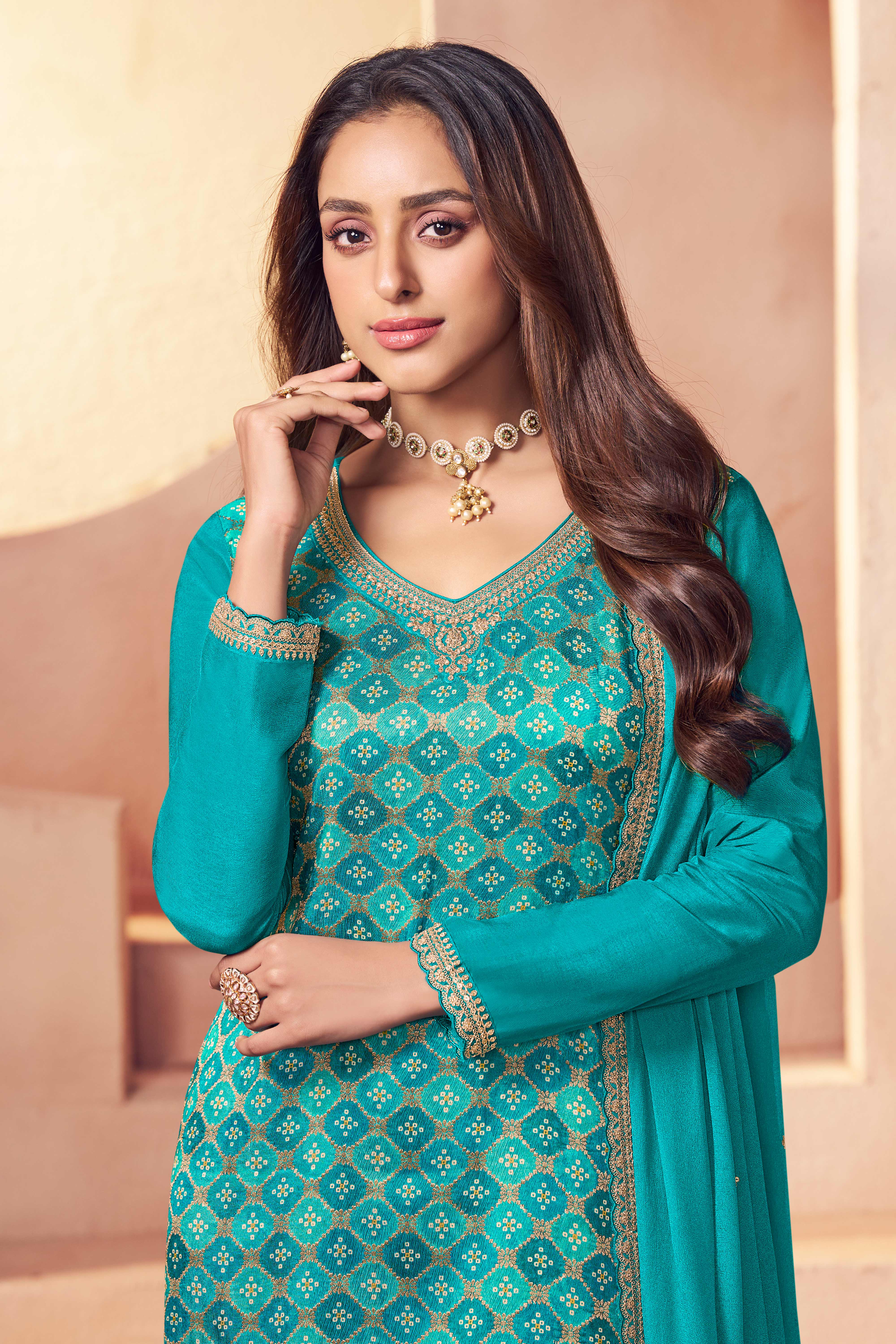 Peacock green silk dress material
