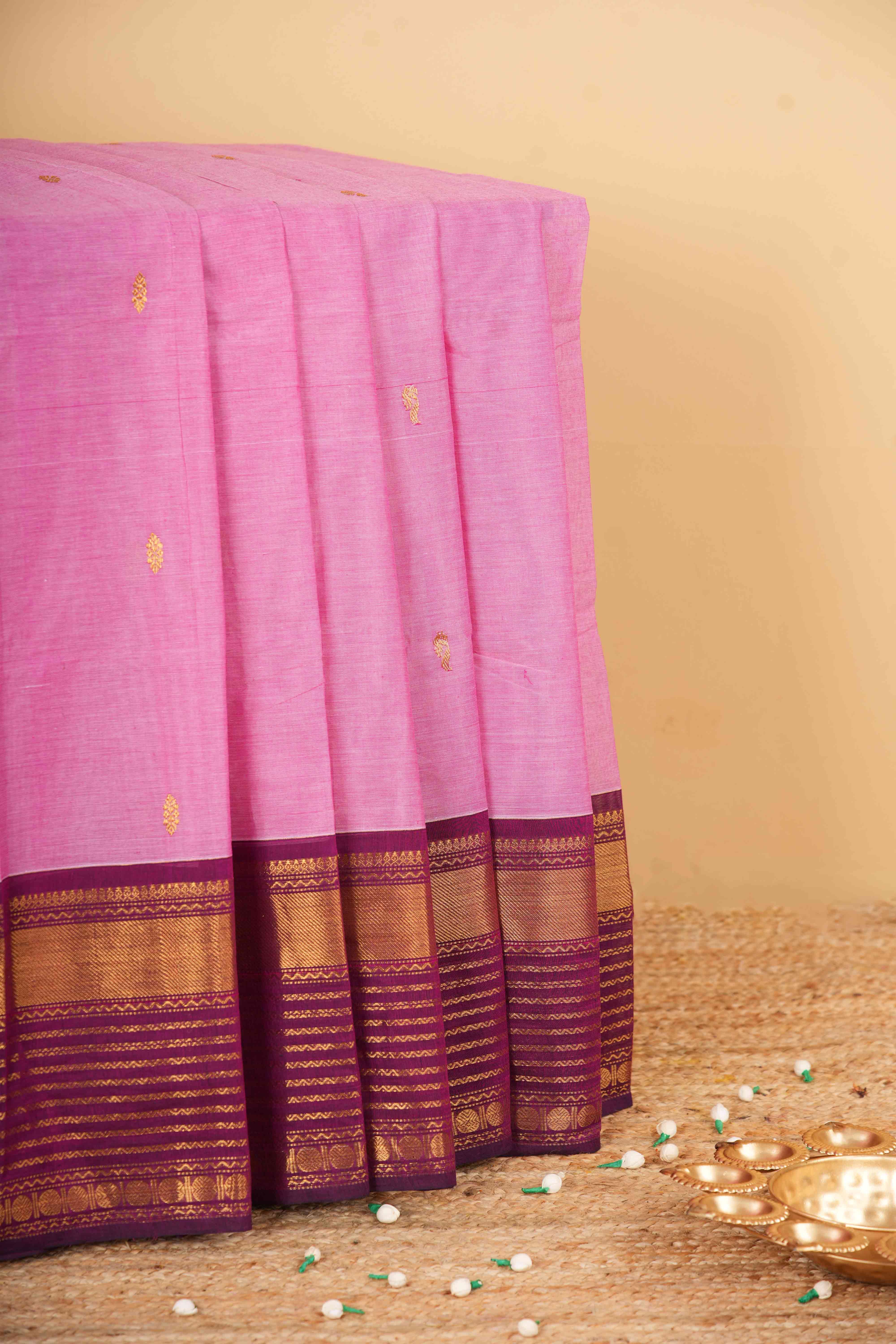 Pink Chettinad cotton rich pallu saree