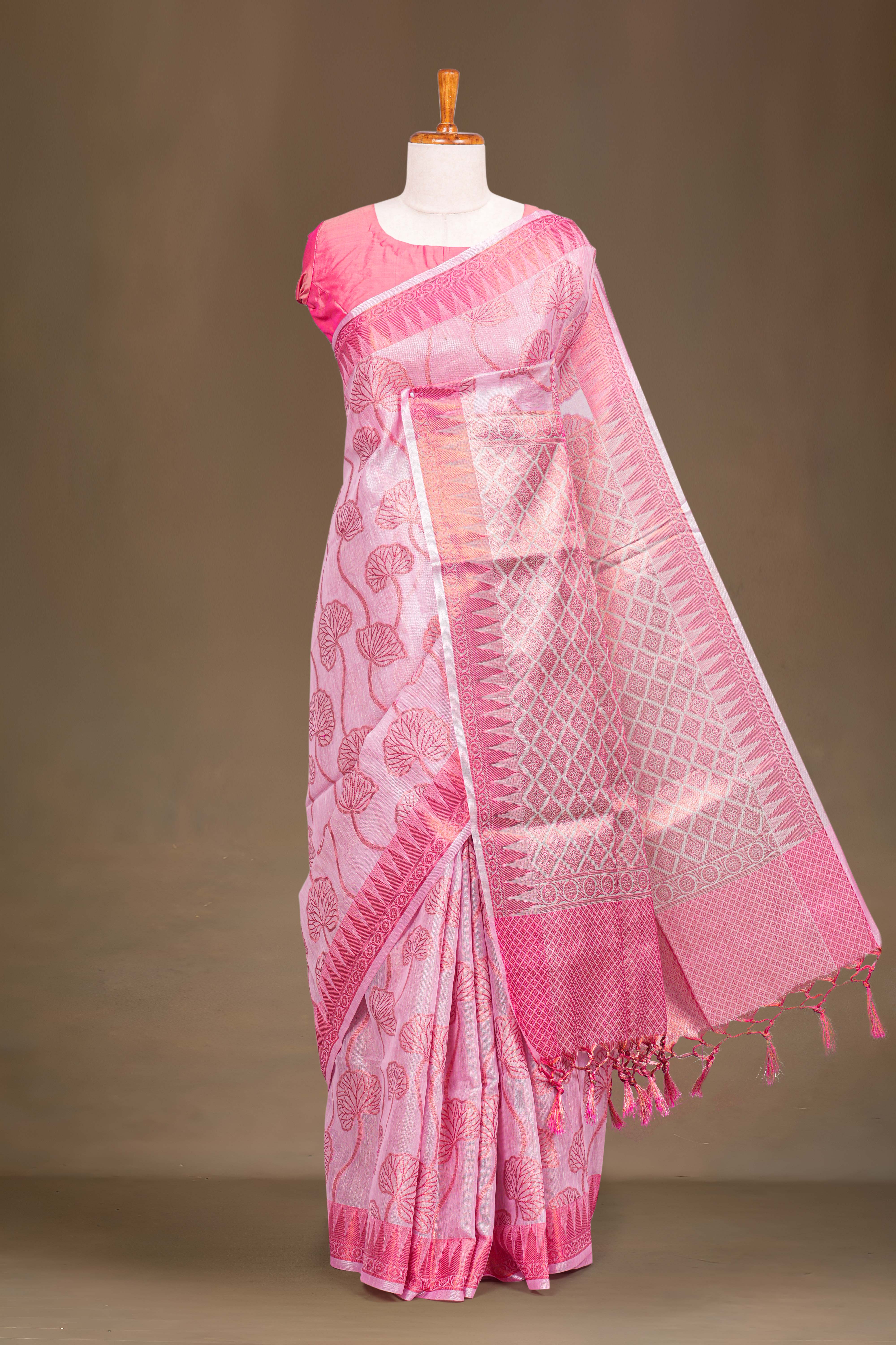 Pink Linen Tissue Saree Floral