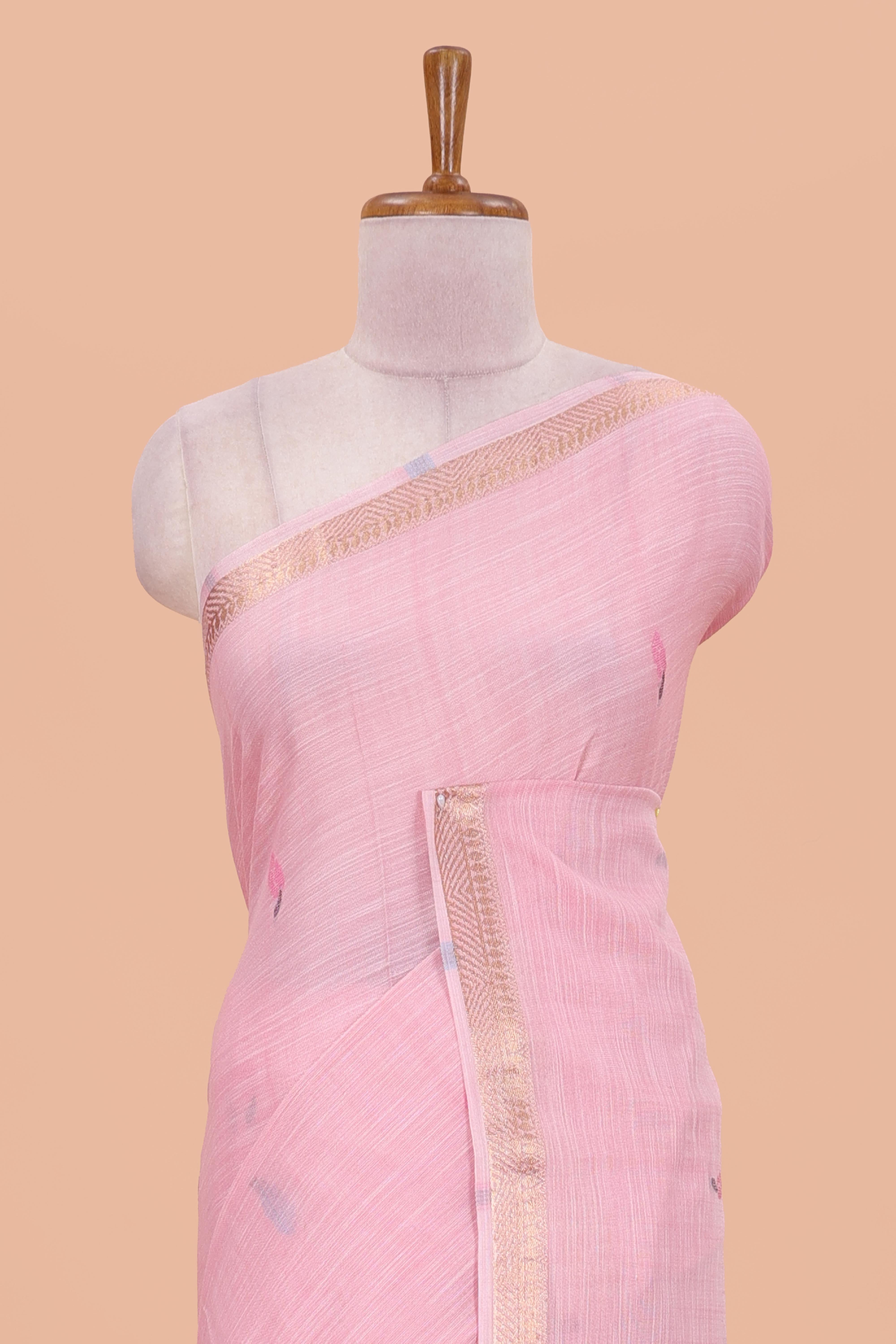 Pink contrast pallu linen cotton saree