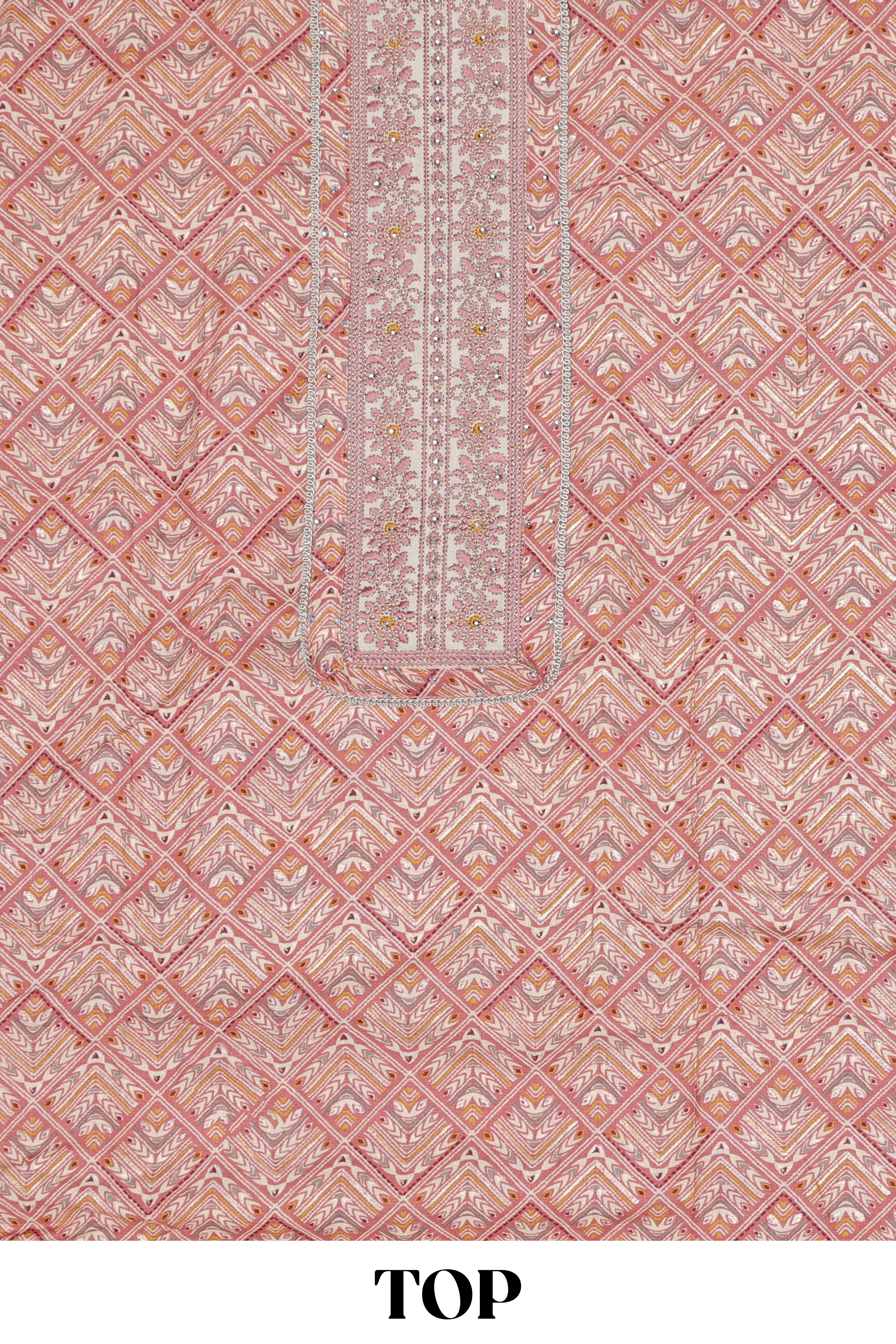 Pink cotton geometric embroidery dress material