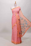 Pink floral petal striped design linen cotton saree