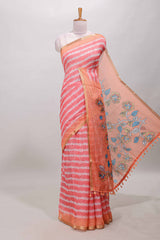 Pink floral petal striped design linen cotton saree
