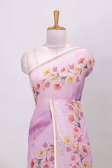 Pink floral print linen saree