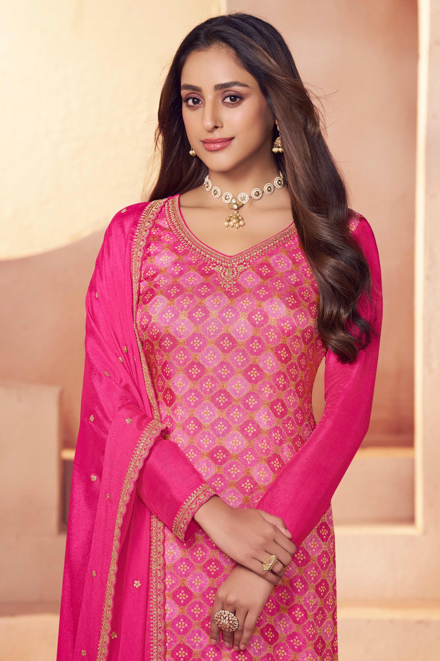 Pink moga silk jacquard dress material