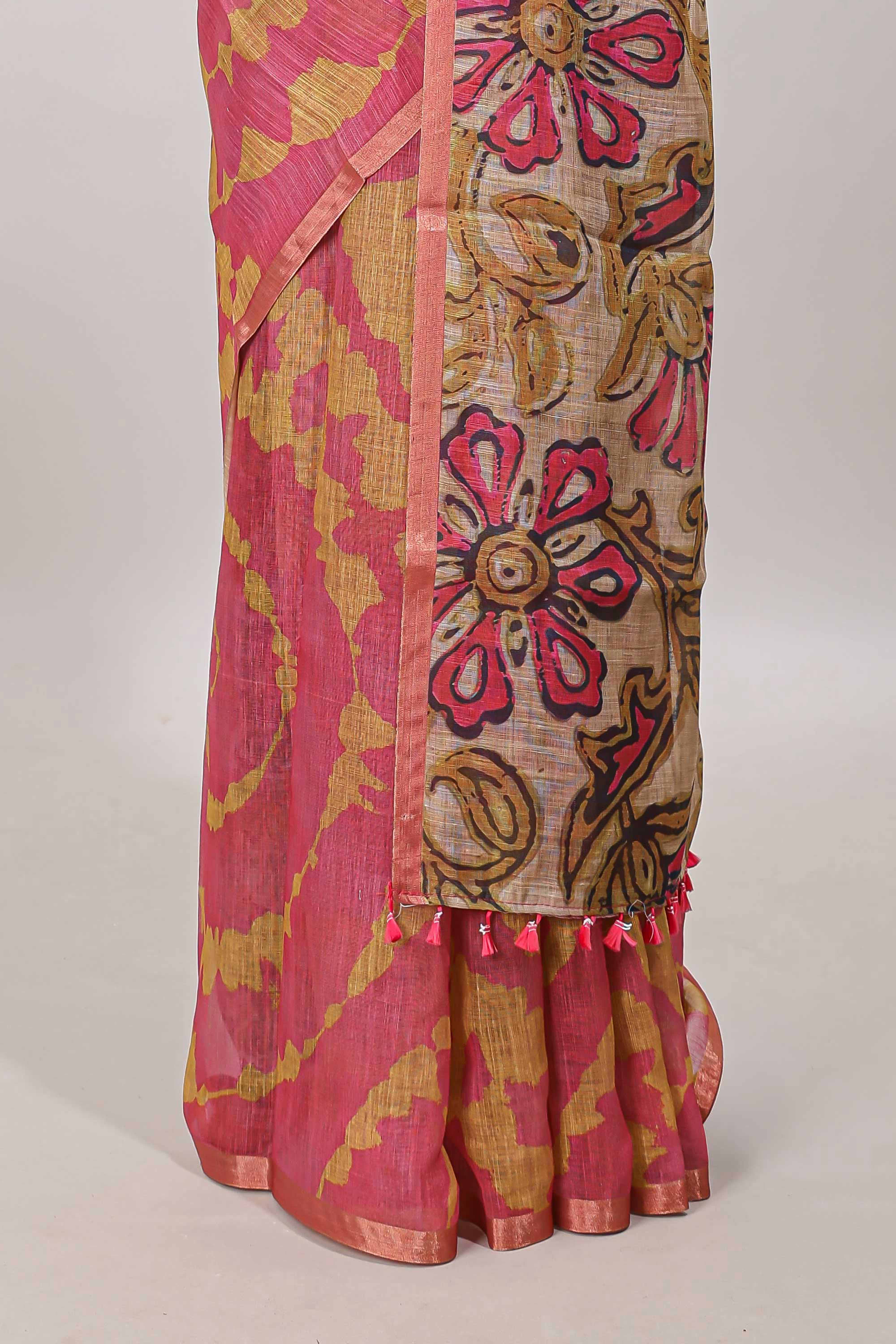 Pink printed cotton saree