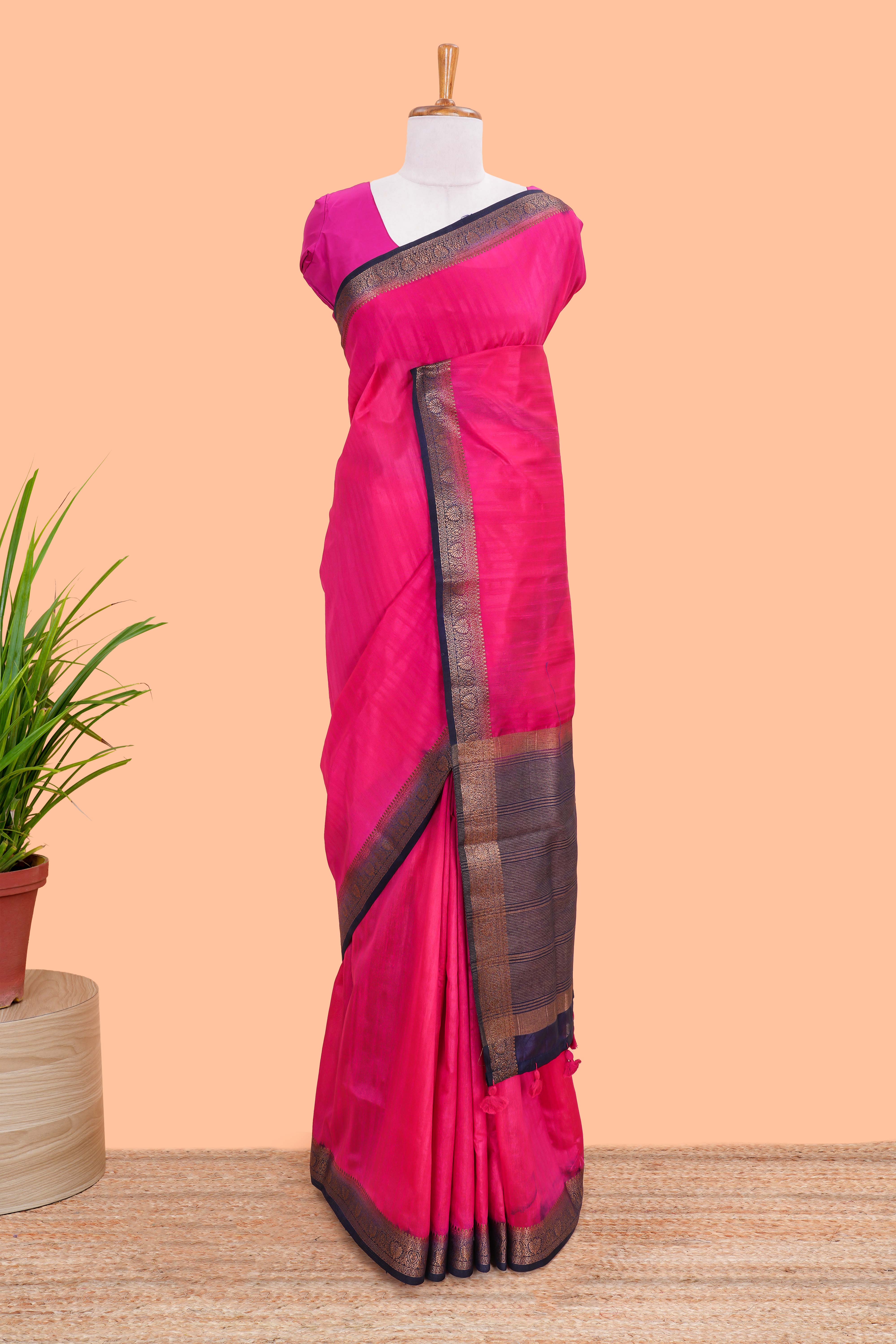 Pink raw silk zari border saree