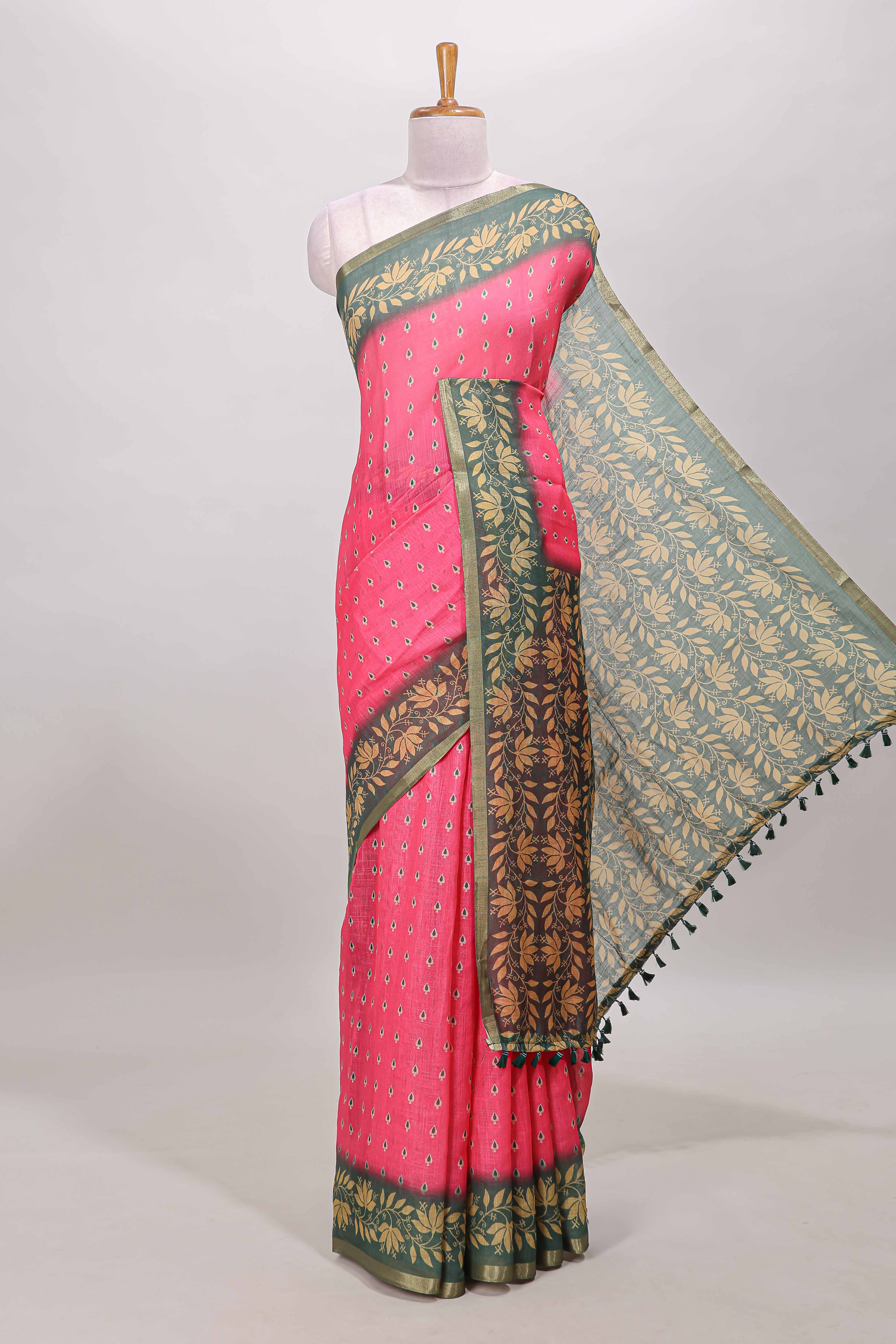 Pink spade motifs linen cotton saree