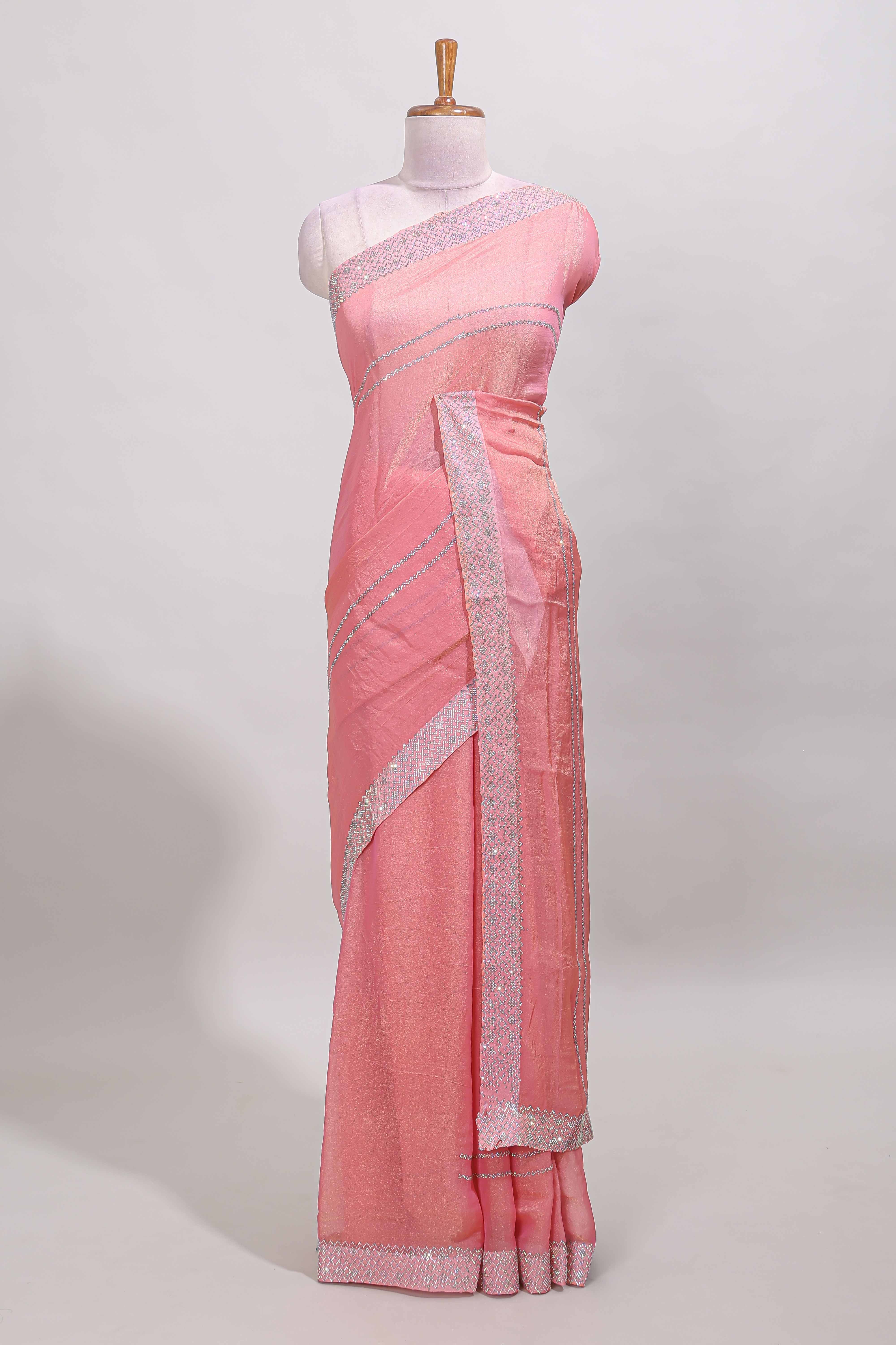 Pink striped chamki saree