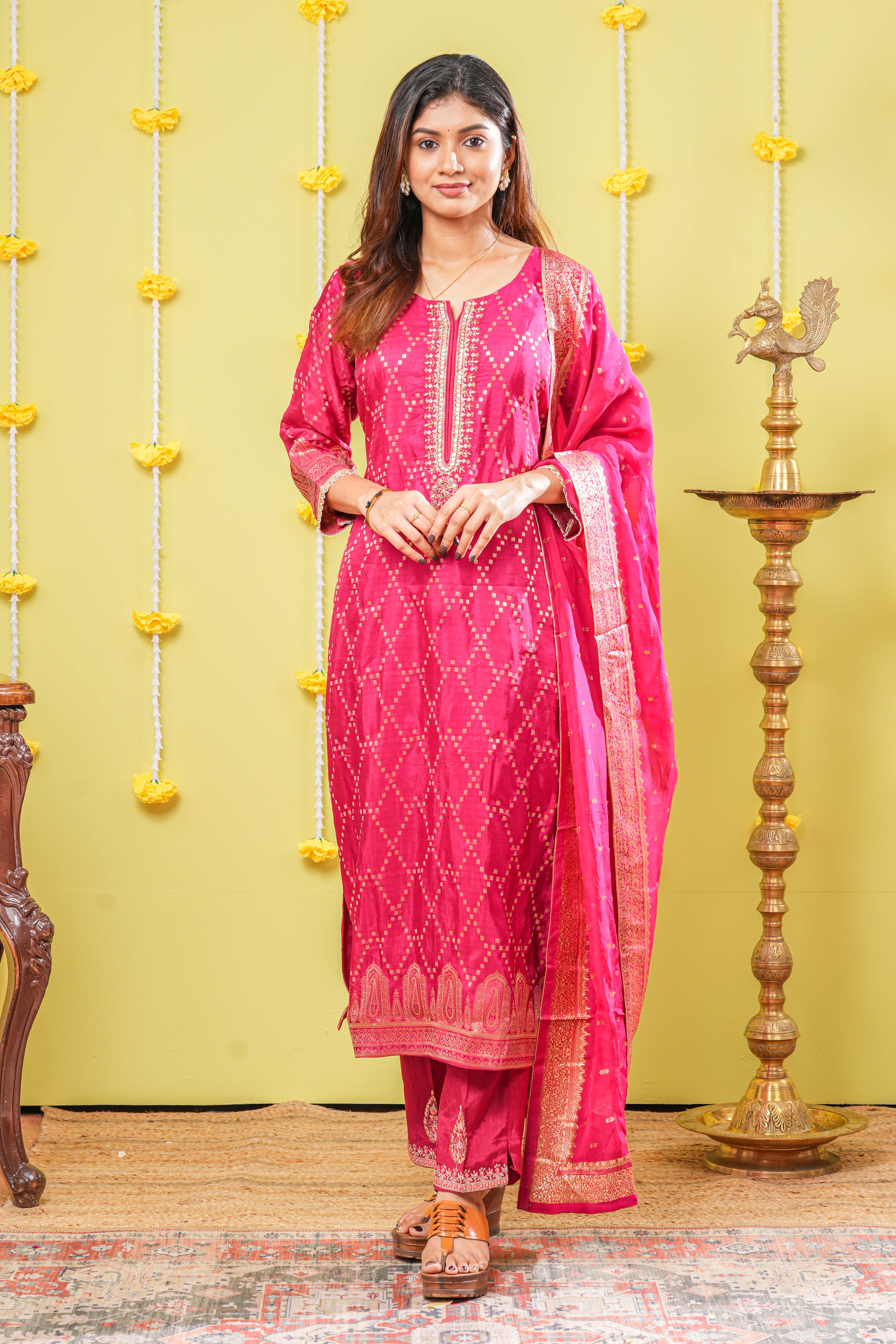 Pink viscose embroidered salwar suit set