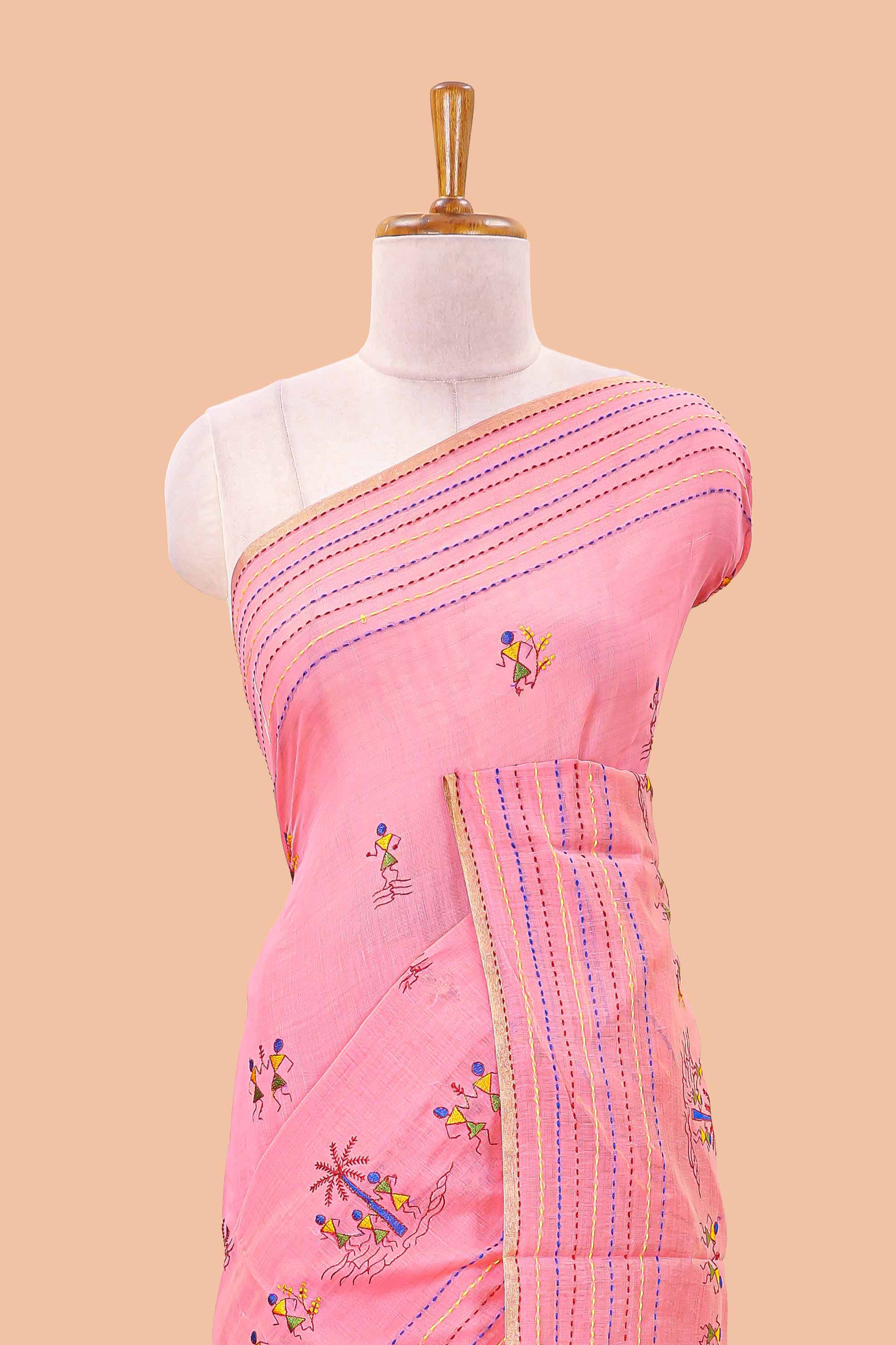 Pink warli art chanderi saree