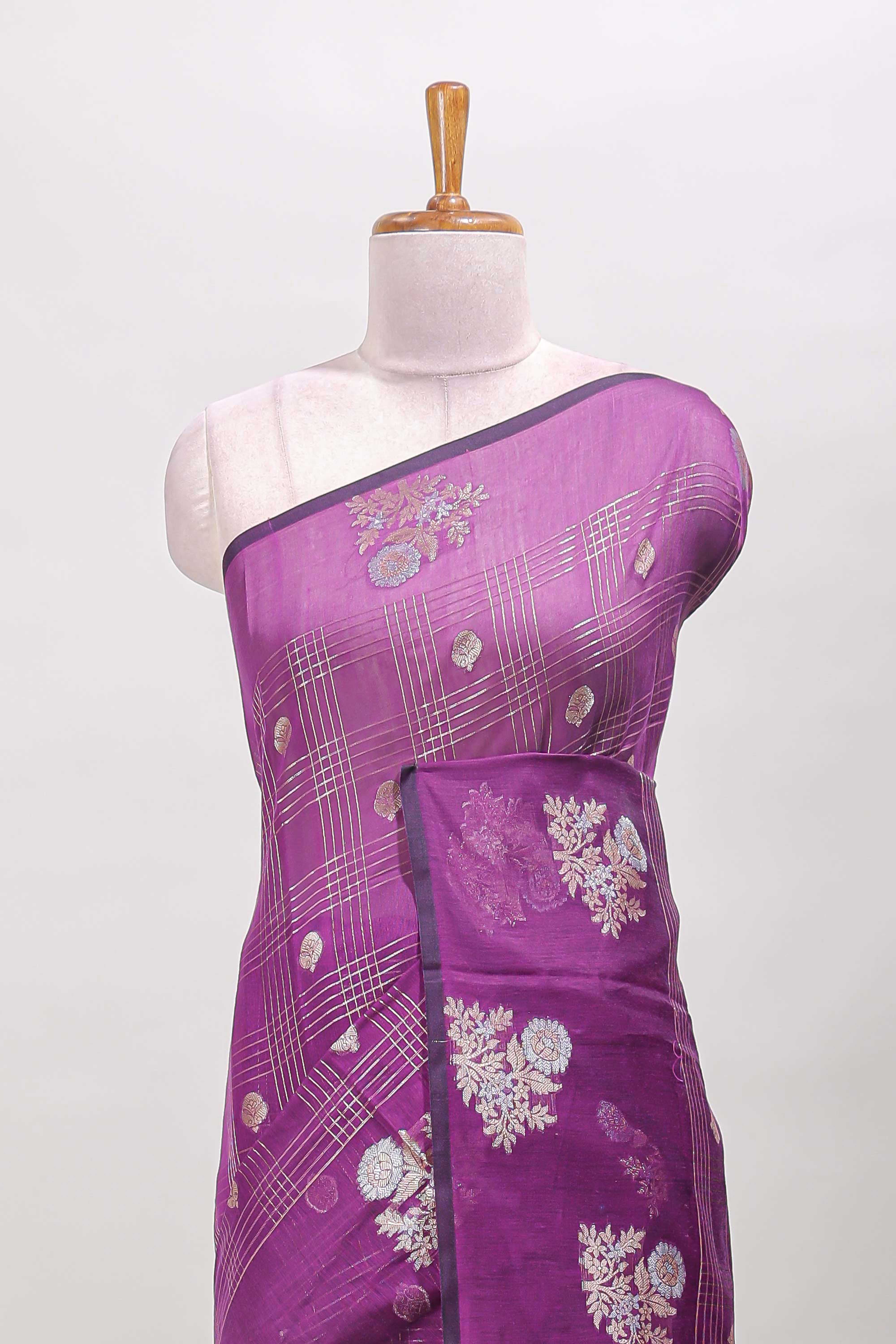 Purple checked chanderi saree zari motifs