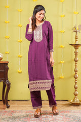 Purple embroidered neckline suit