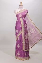 Purple paisley motifs linen cotton saree