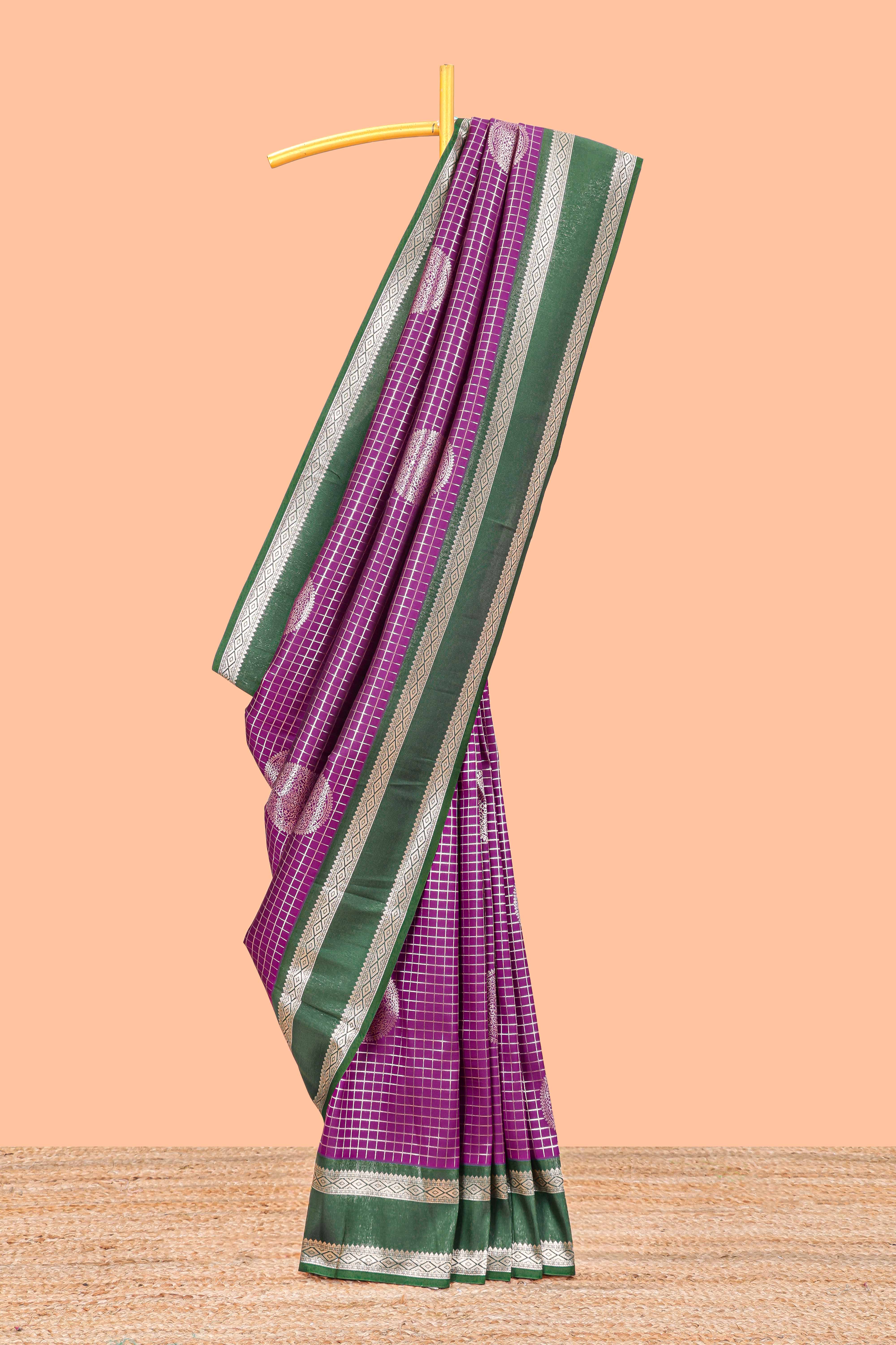 Purple semi soft silk zari check saree