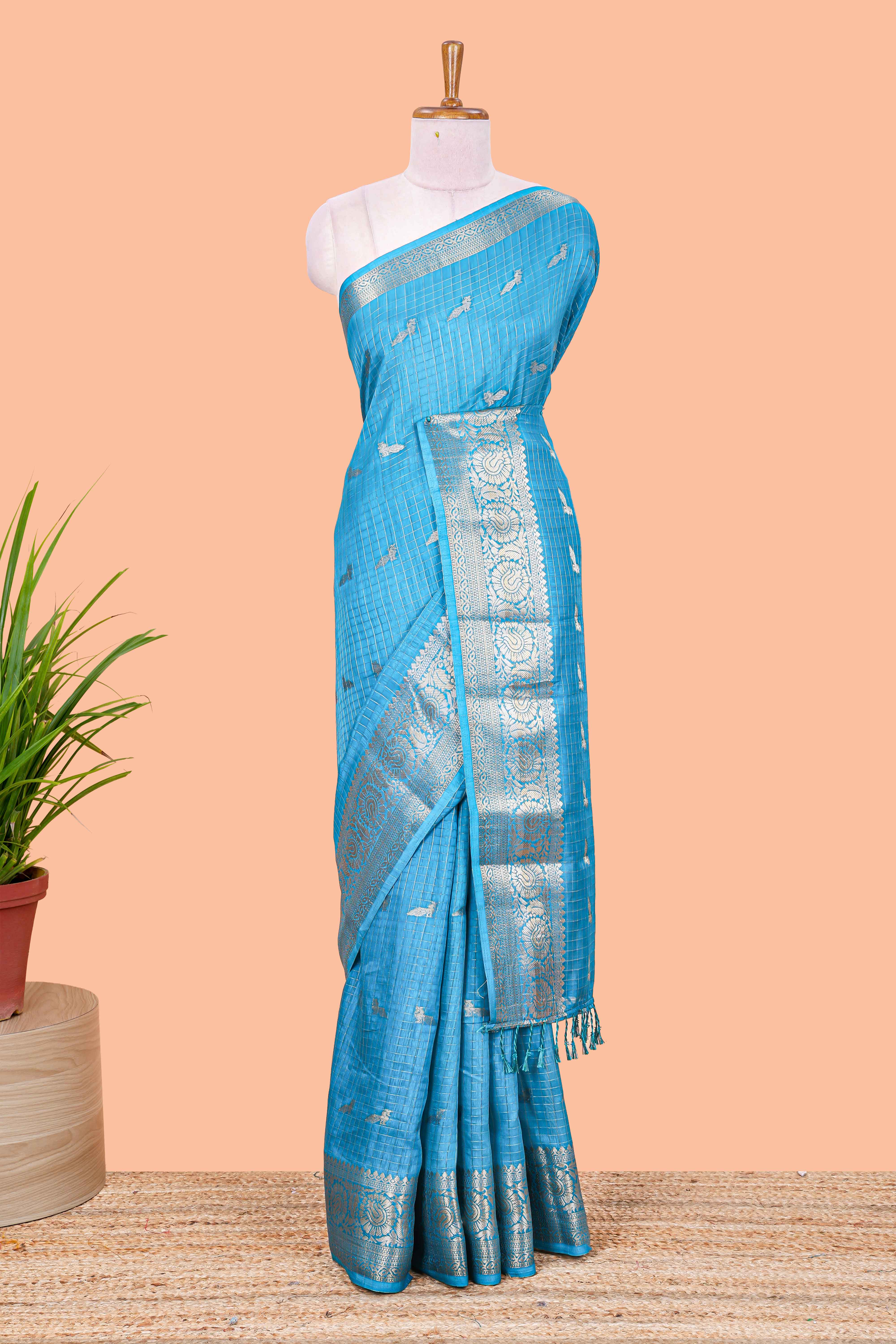 Rama blue art raw silk check design saree