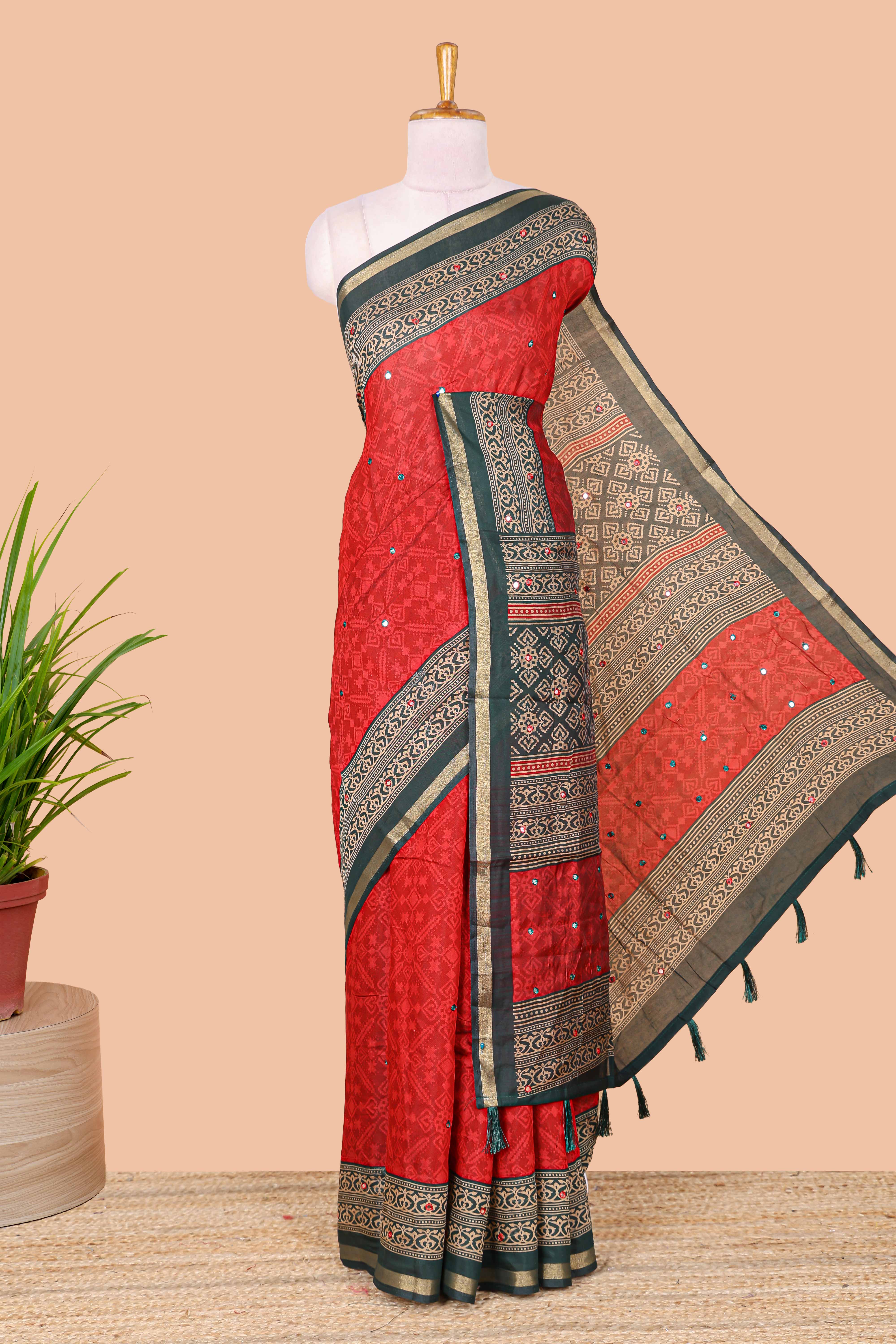 Red chanderi cotton saree geometric diamond mirror work