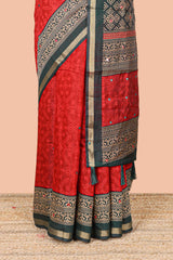 Red chanderi cotton saree with zari border