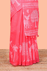 Red linen cotton saree with animal print pallu