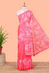 Red linen cotton saree with forest birds print