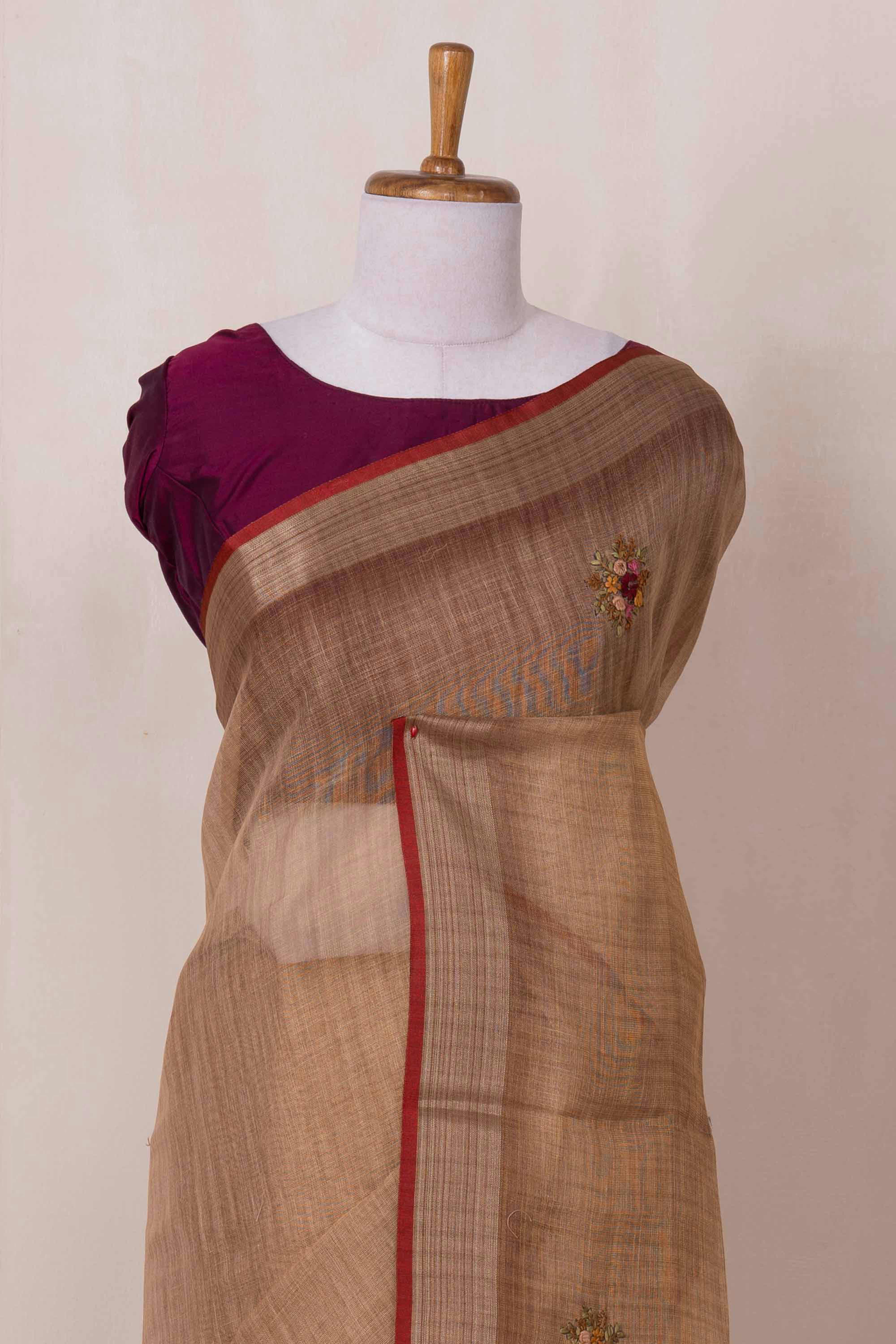 Reddish linen saree with embroidery