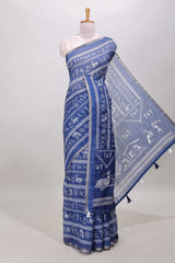 Royal blue warli print linen cotton saree