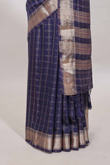 Navy blue checked semi banaras chiffon saree with self zari border and contrast blouse