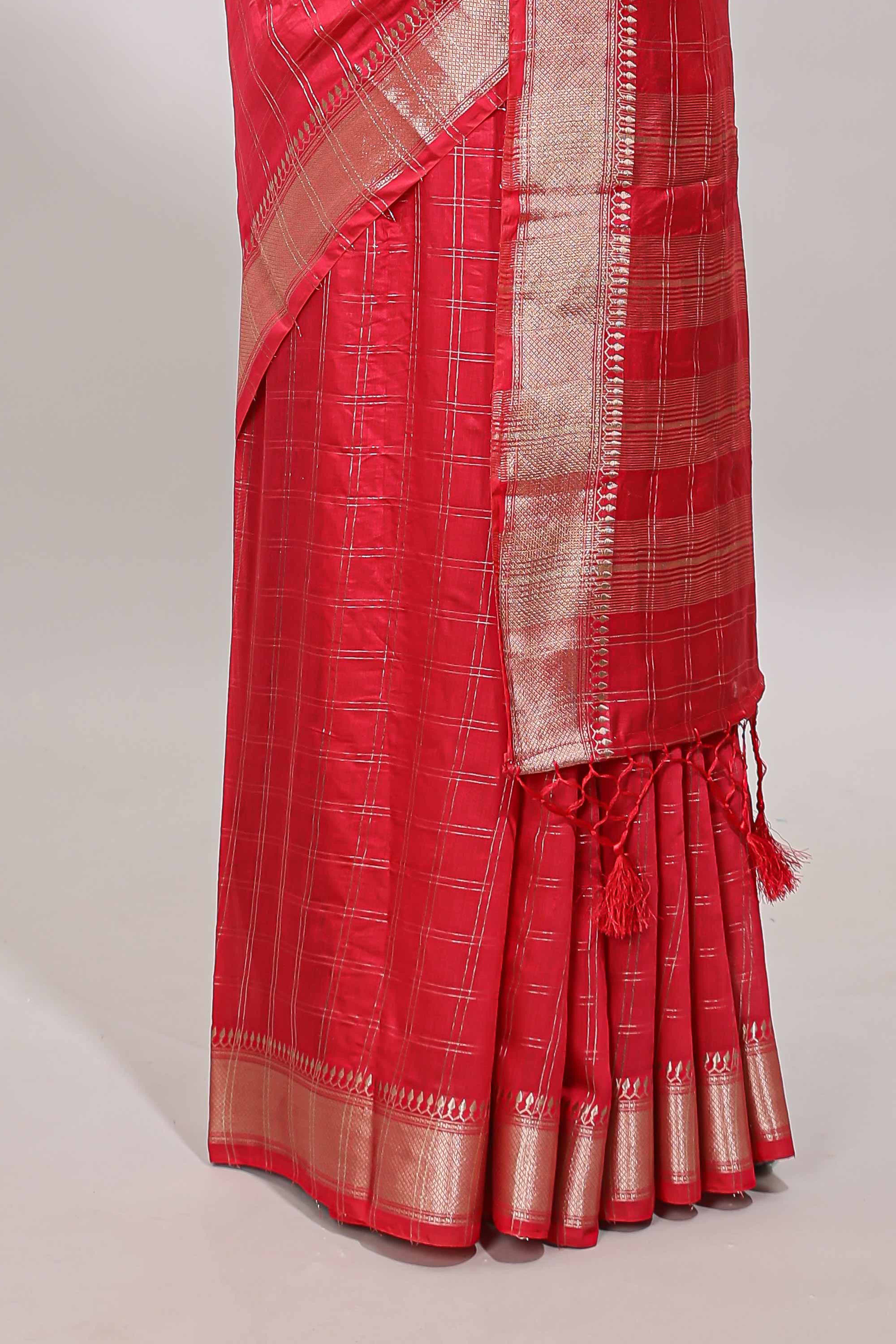 Pink checked semi banaras chiffon saree with self zari border and contrast blouse