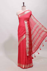 Pink checked semi banaras chiffon saree with self zari border and contrast blouse