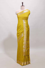 Lemon yellow checked semi banaras chiffon saree with self zari border and contrast blouse