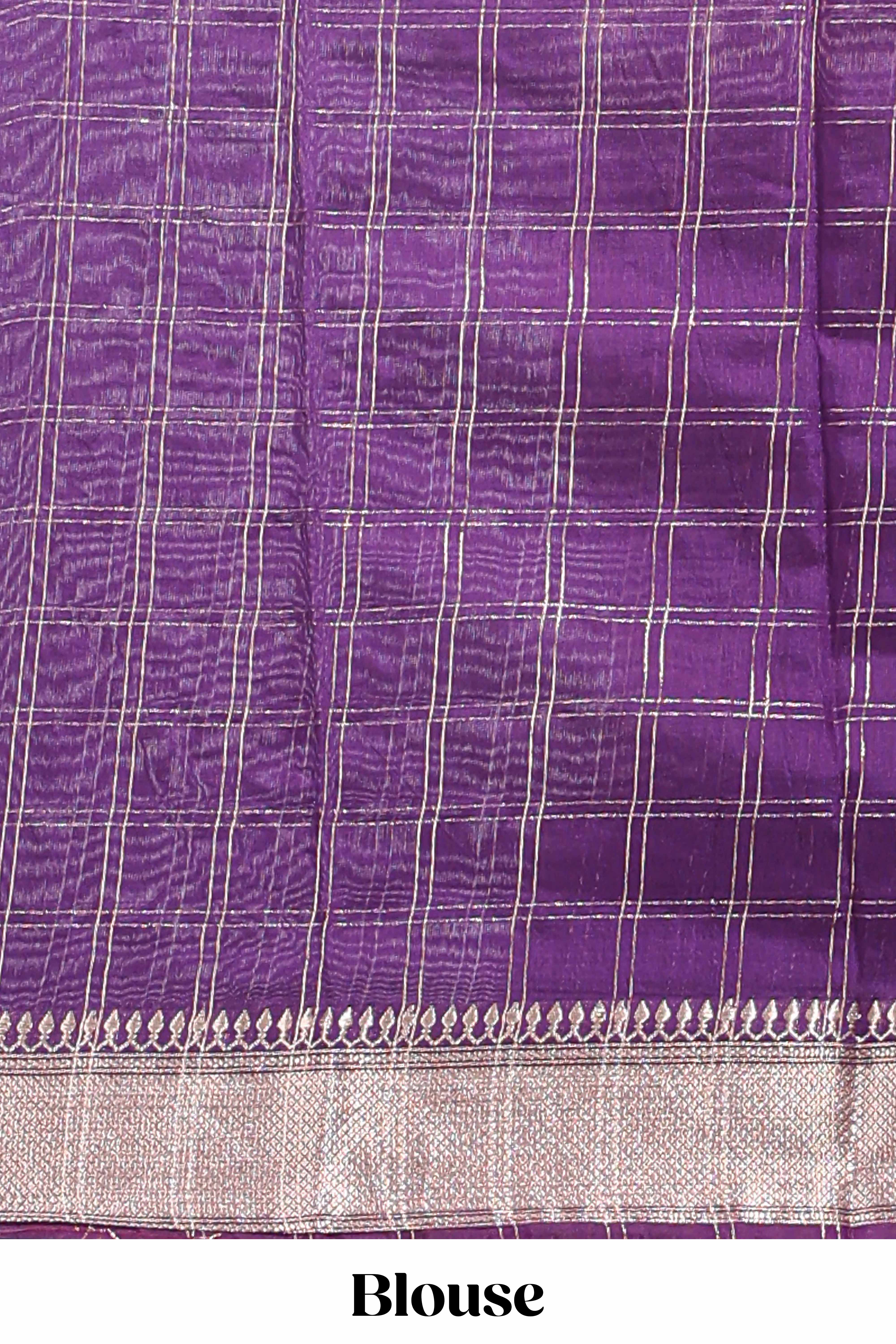 Lemon yellow checked semi banaras chiffon saree with self zari border and contrast blouse