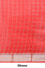 Black checked semi banaras chiffon saree with self zari border and contrast blouse