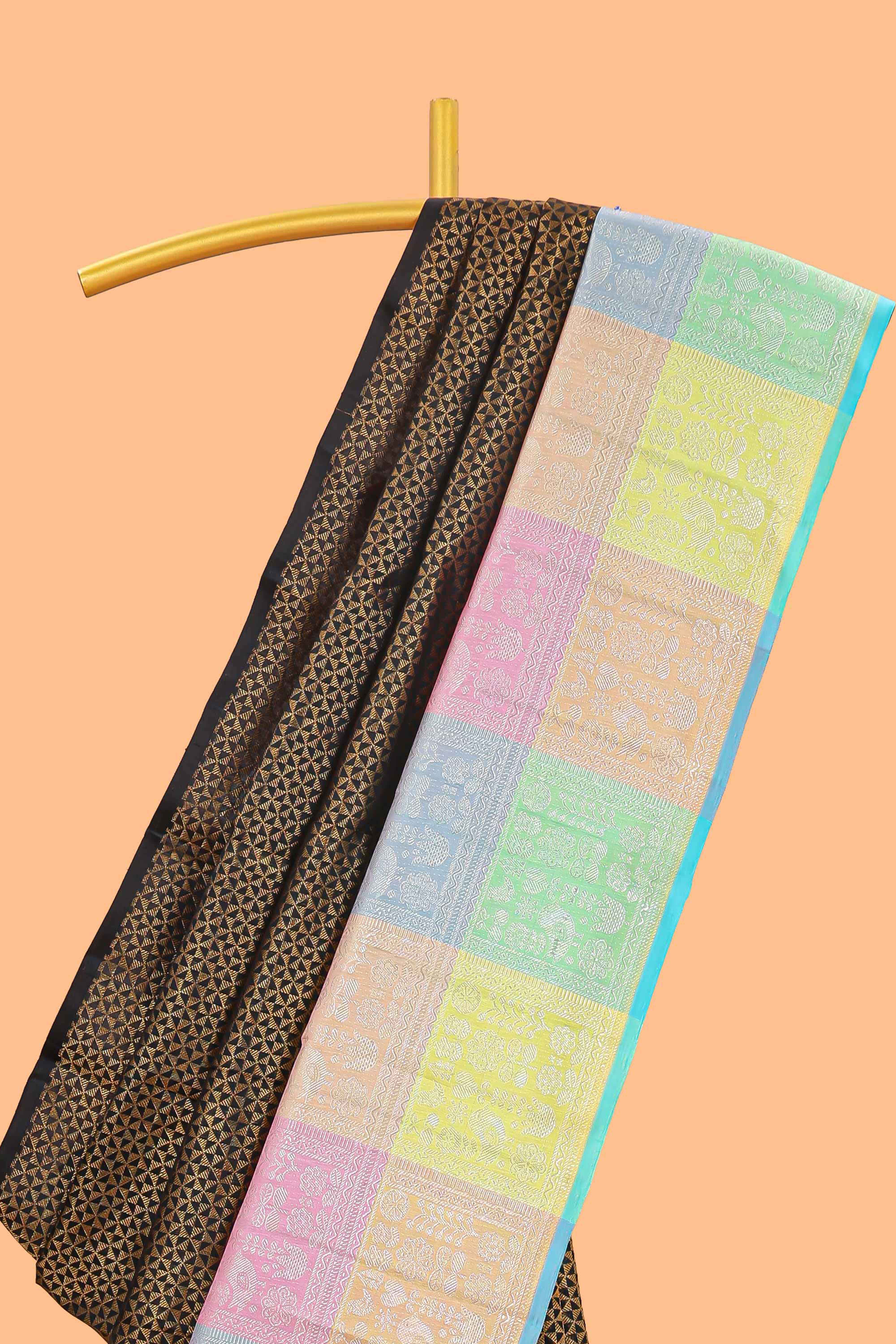 Black jacquard design swayamvara pattu saree with contrast multi color zari border and pallu