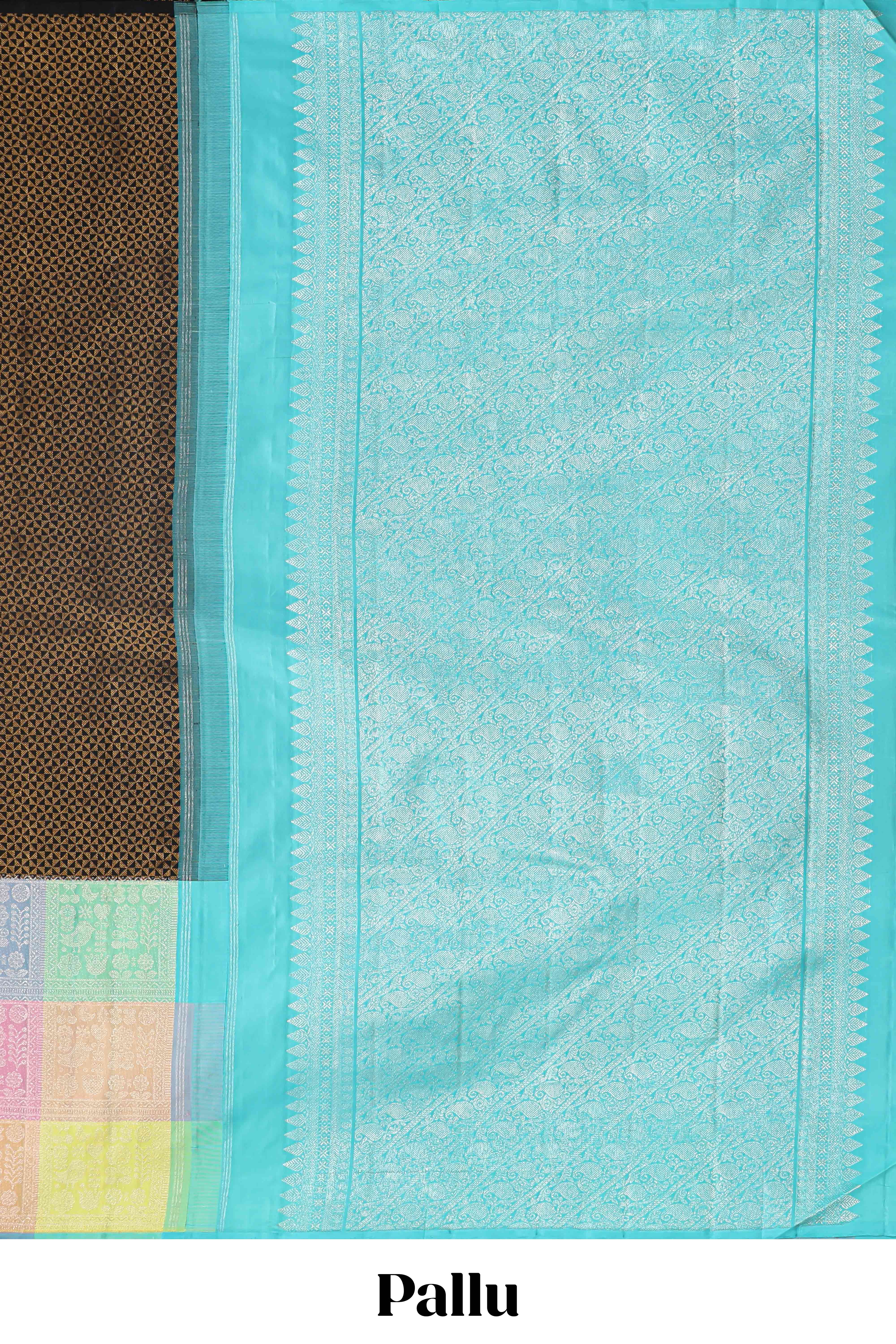 Black jacquard design swayamvara pattu saree with contrast multi color zari border and pallu