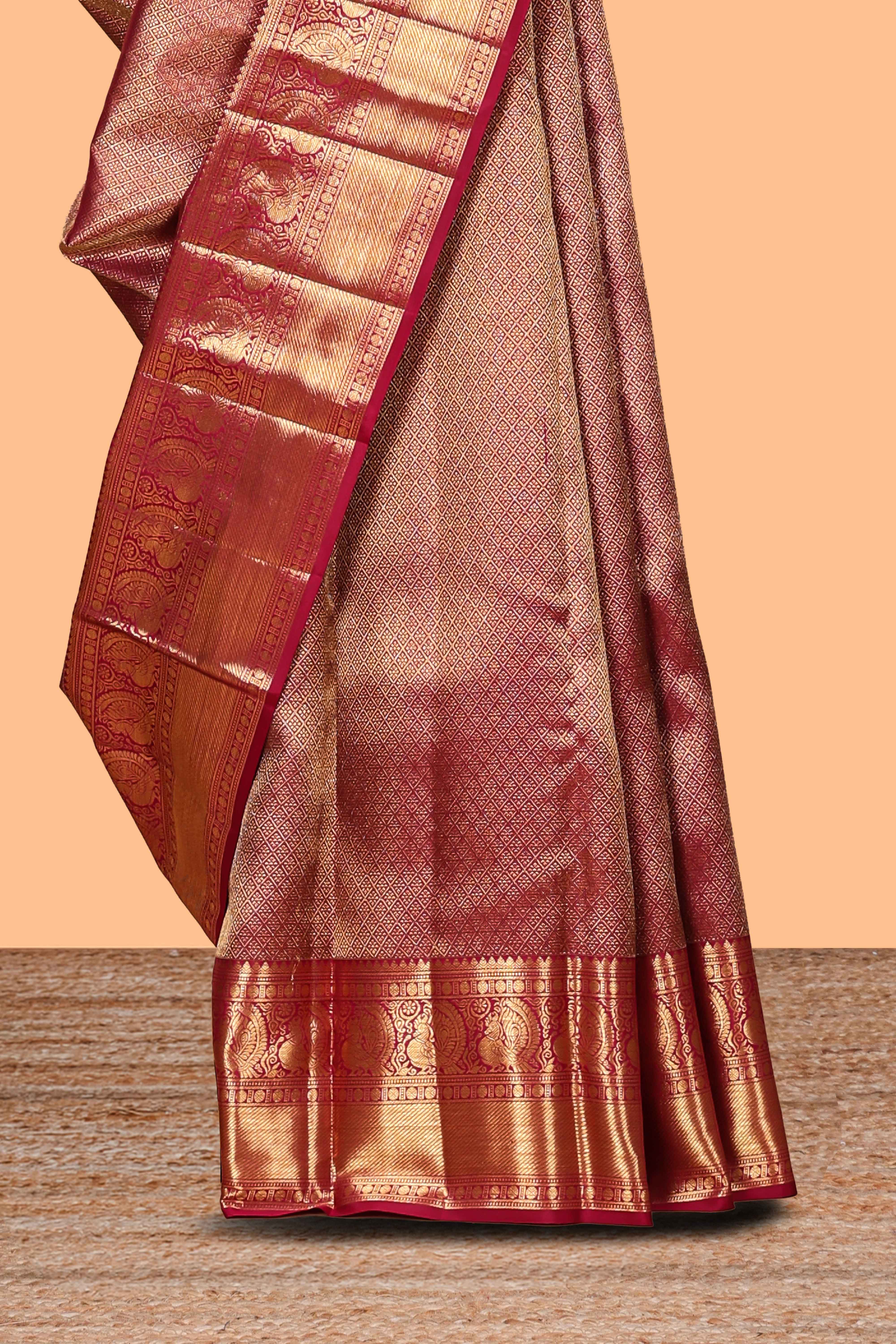 Rani pink geometric zari motifs design swayamvara pattu saree with self zari border and matching blouse