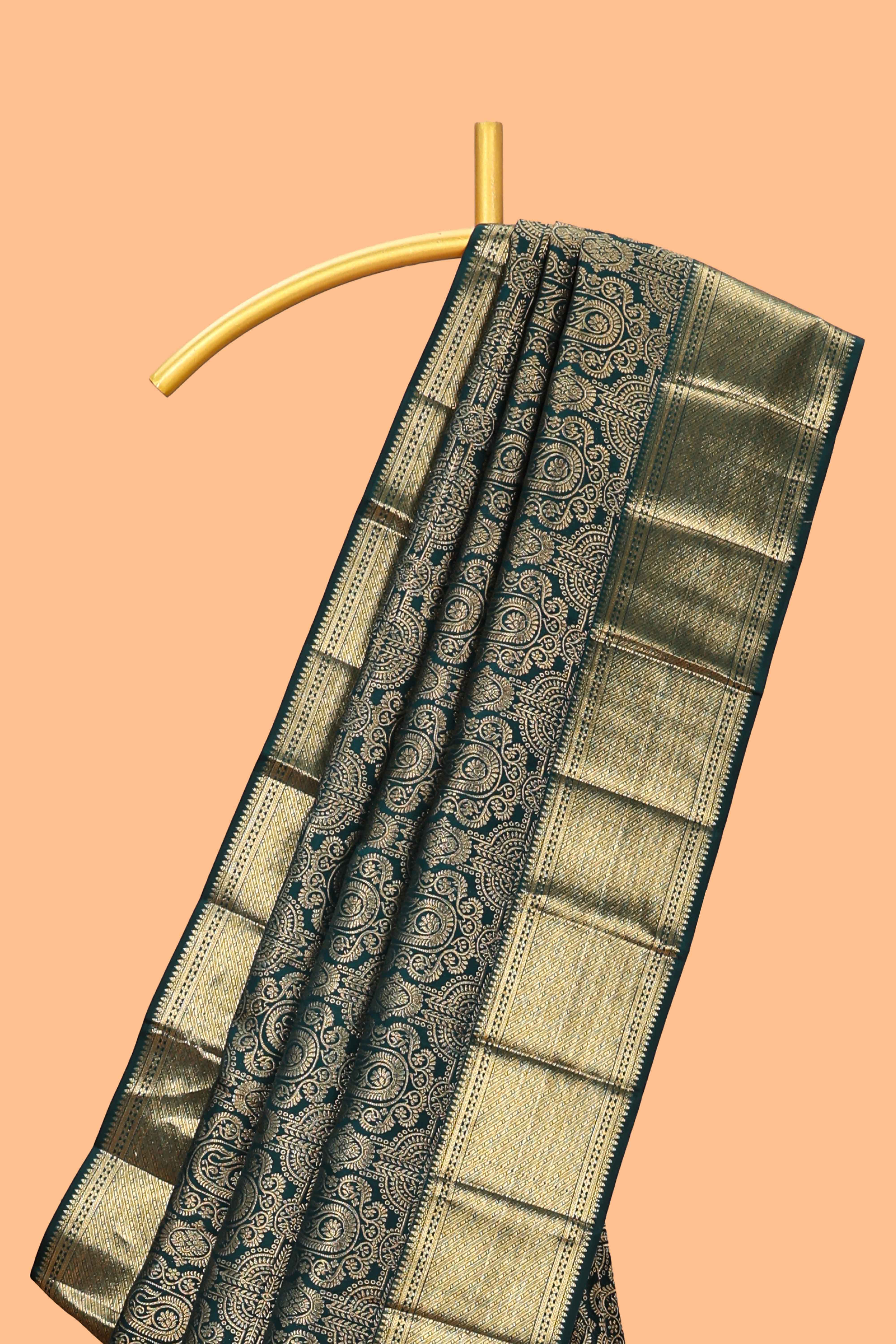 Green unique zari design swayamvara pattu saree with self zari border and matching blouse