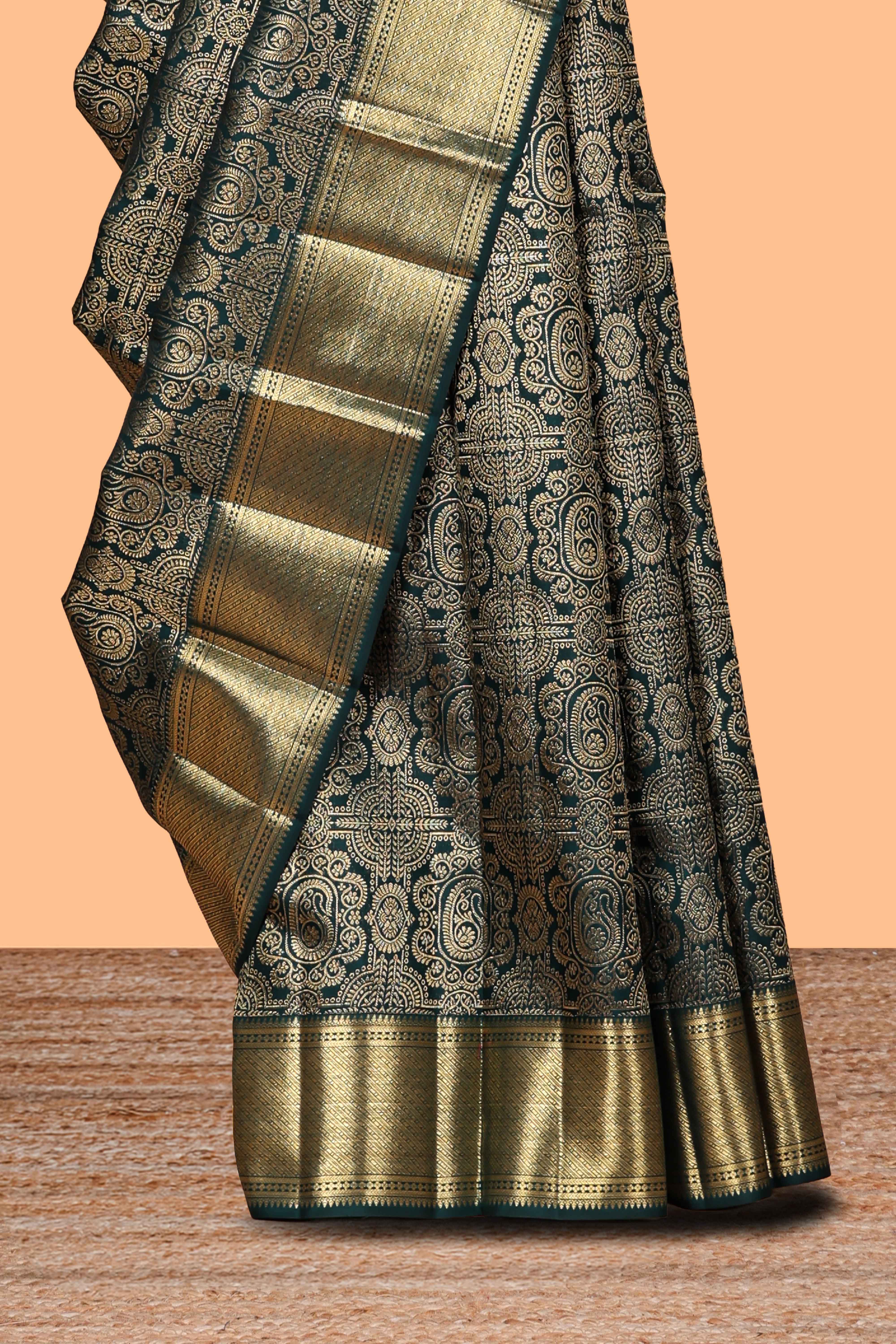 Green unique zari design swayamvara pattu saree with self zari border and matching blouse