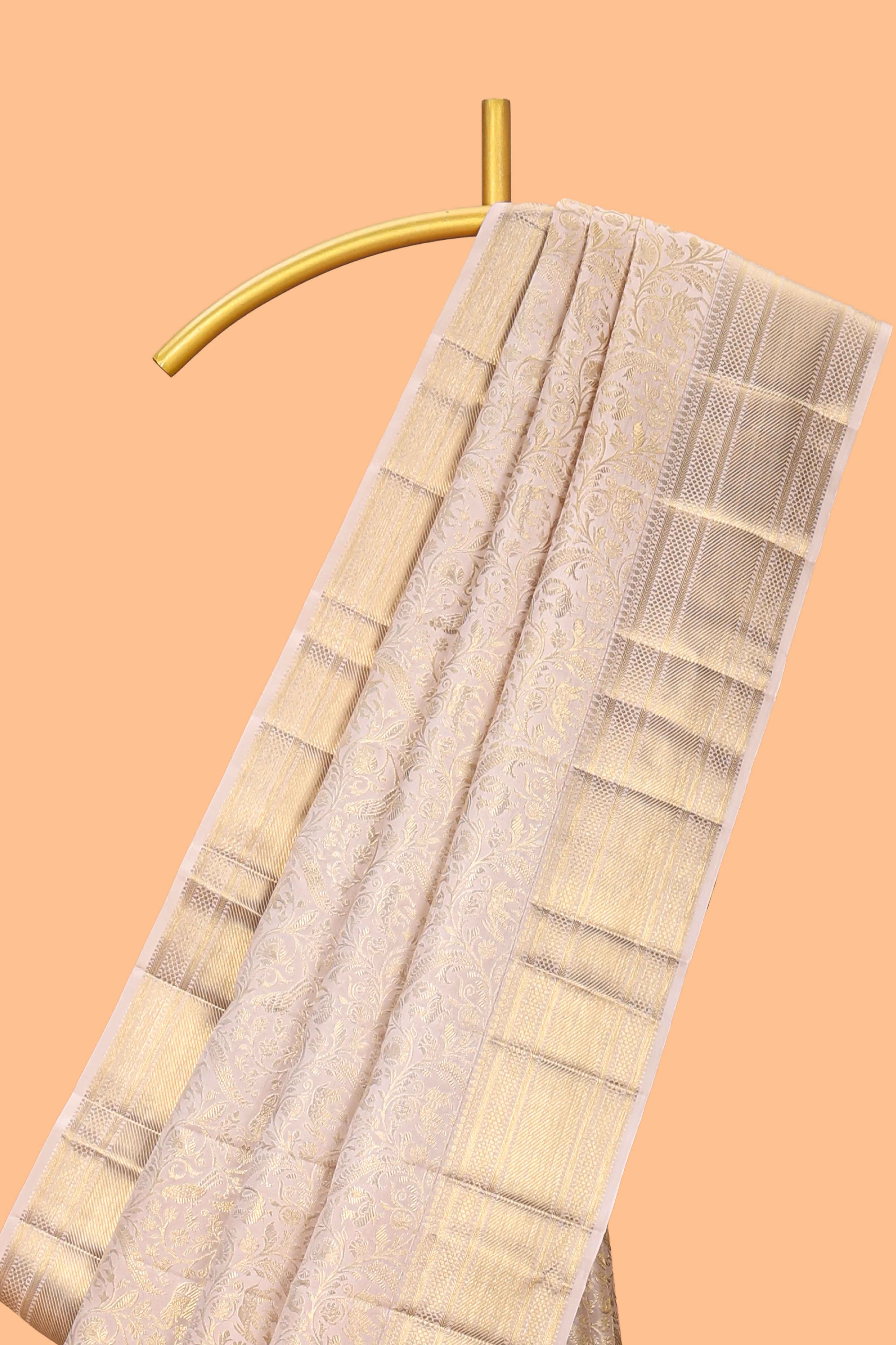Pale beige floral zari design swayamvara pattu saree with self zari border and matching blouse