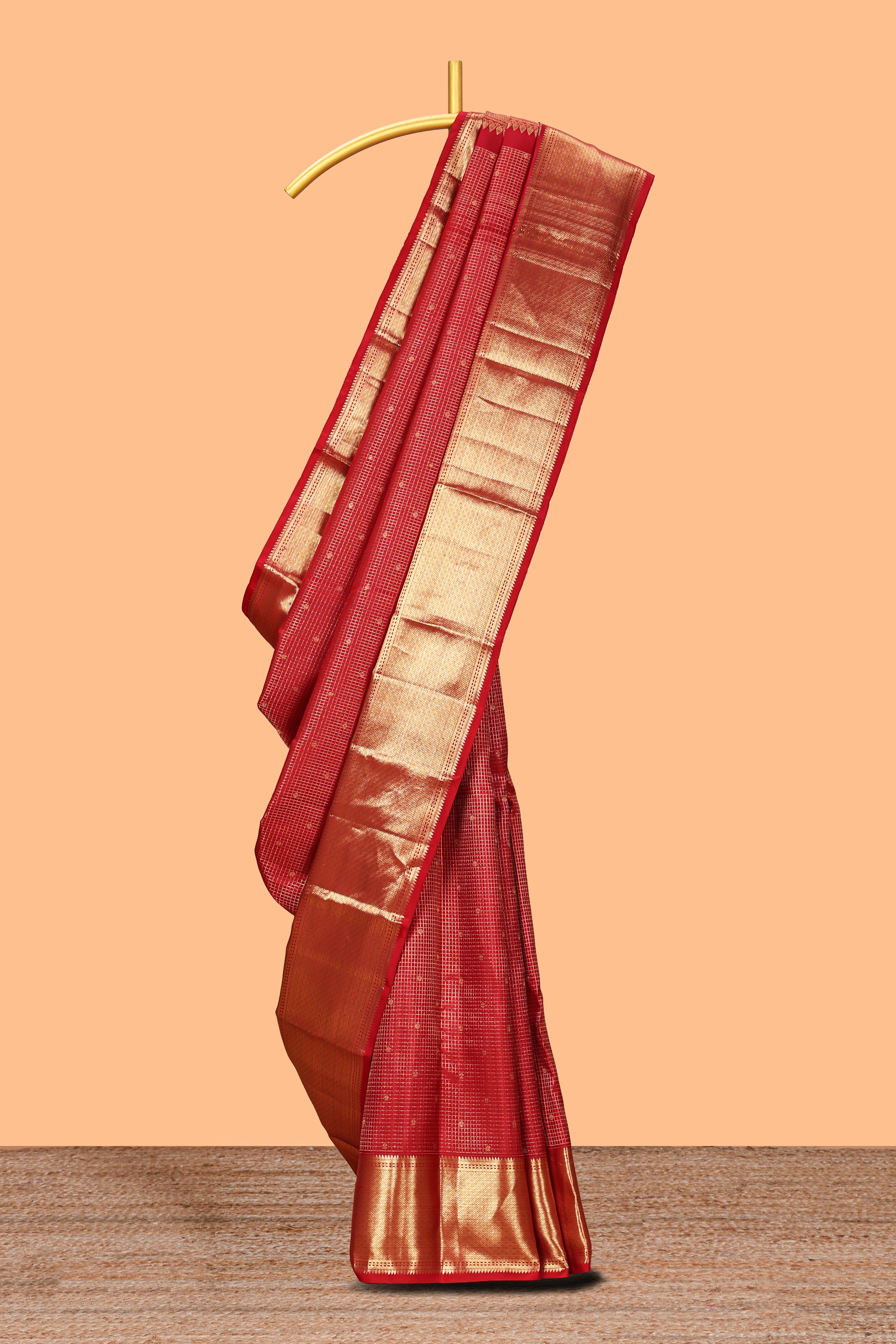 Red checked motifs zari design swayamvara pattu saree with self zari border and matching blouse